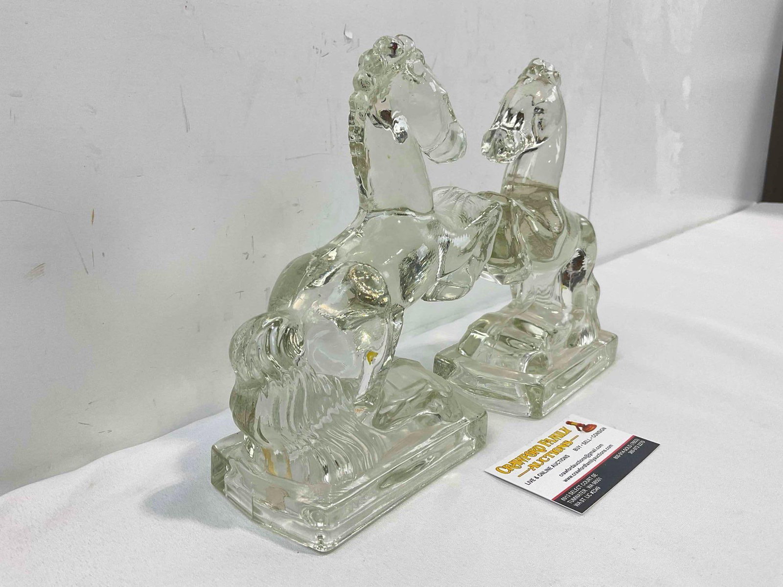 Pair of Vintage Clear Glass Rearing Horse Book Ends. Good Condition. See pics. - 2