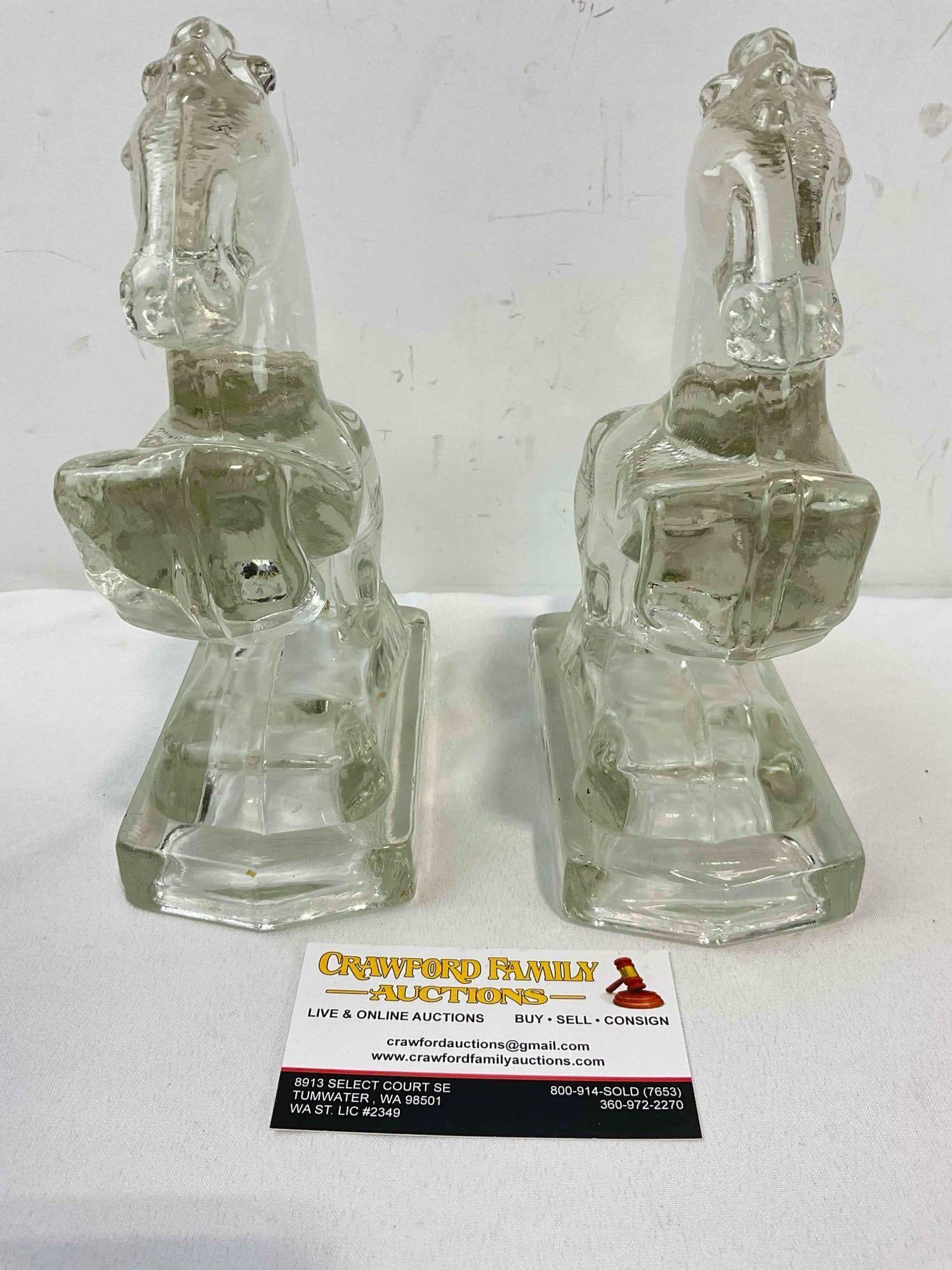 Pair of Vintage Clear Glass Rearing Horse Book Ends. Good Condition. See pics. - 4