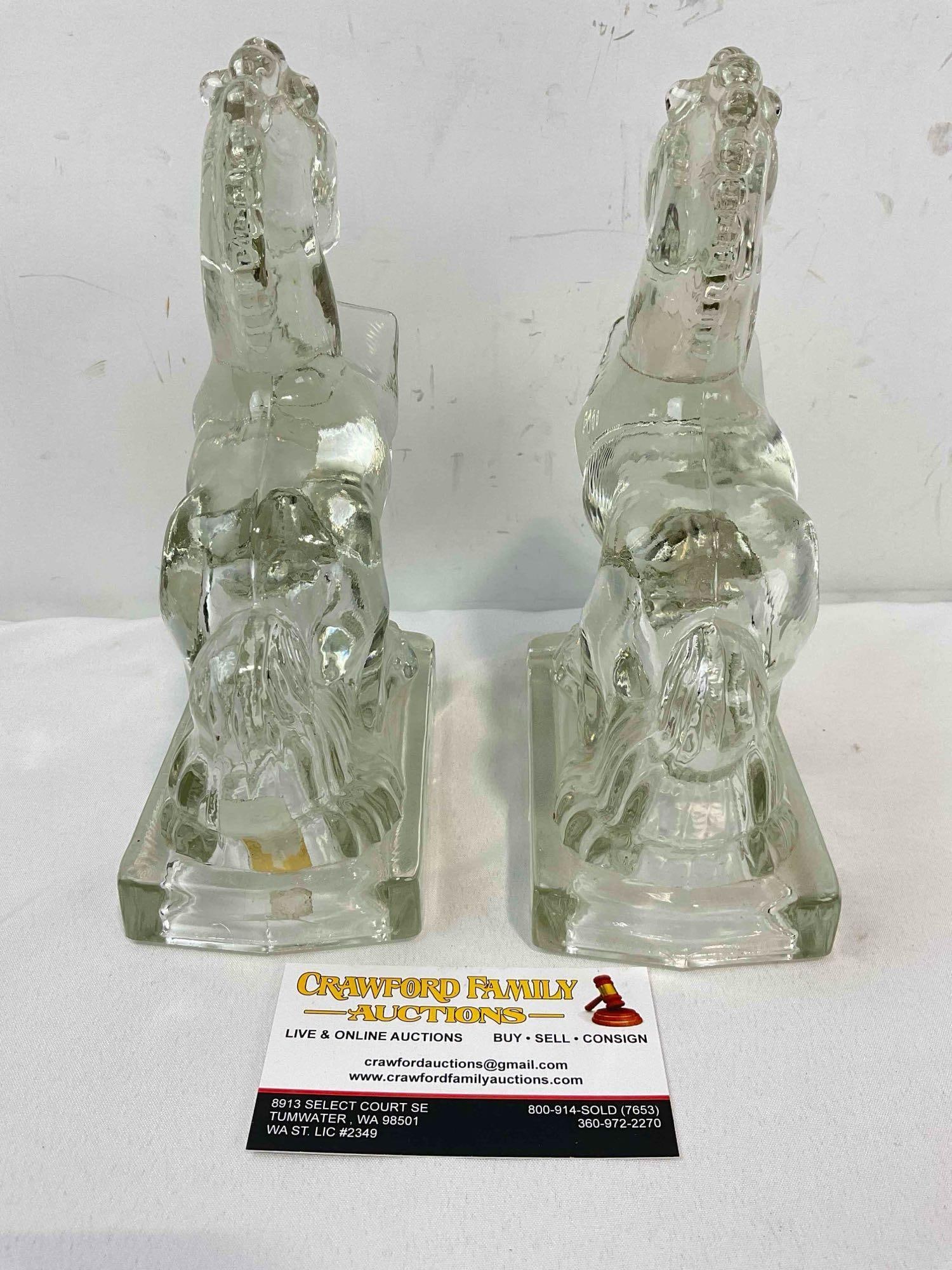 Pair of Vintage Clear Glass Rearing Horse Book Ends. Good Condition. See pics. - 5