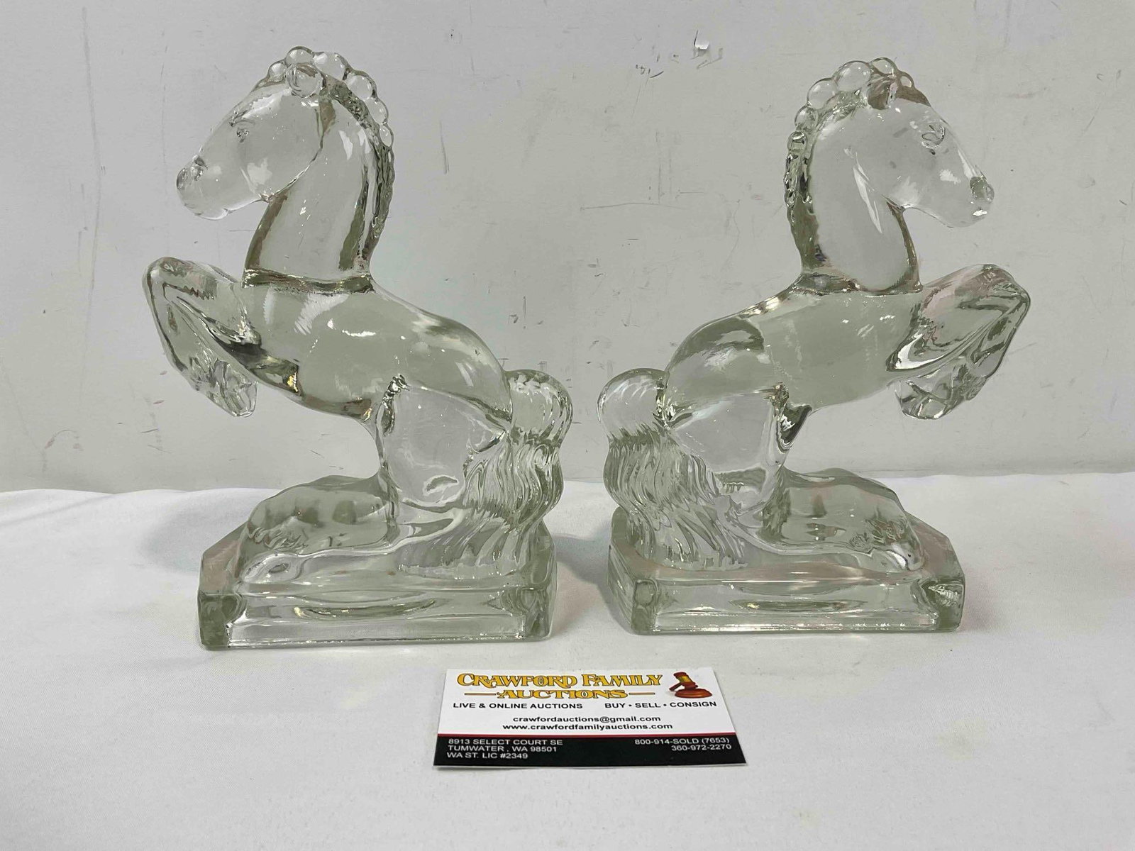Pair of Vintage Clear Glass Rearing Horse Book Ends. Good Condition. See pics. - 6