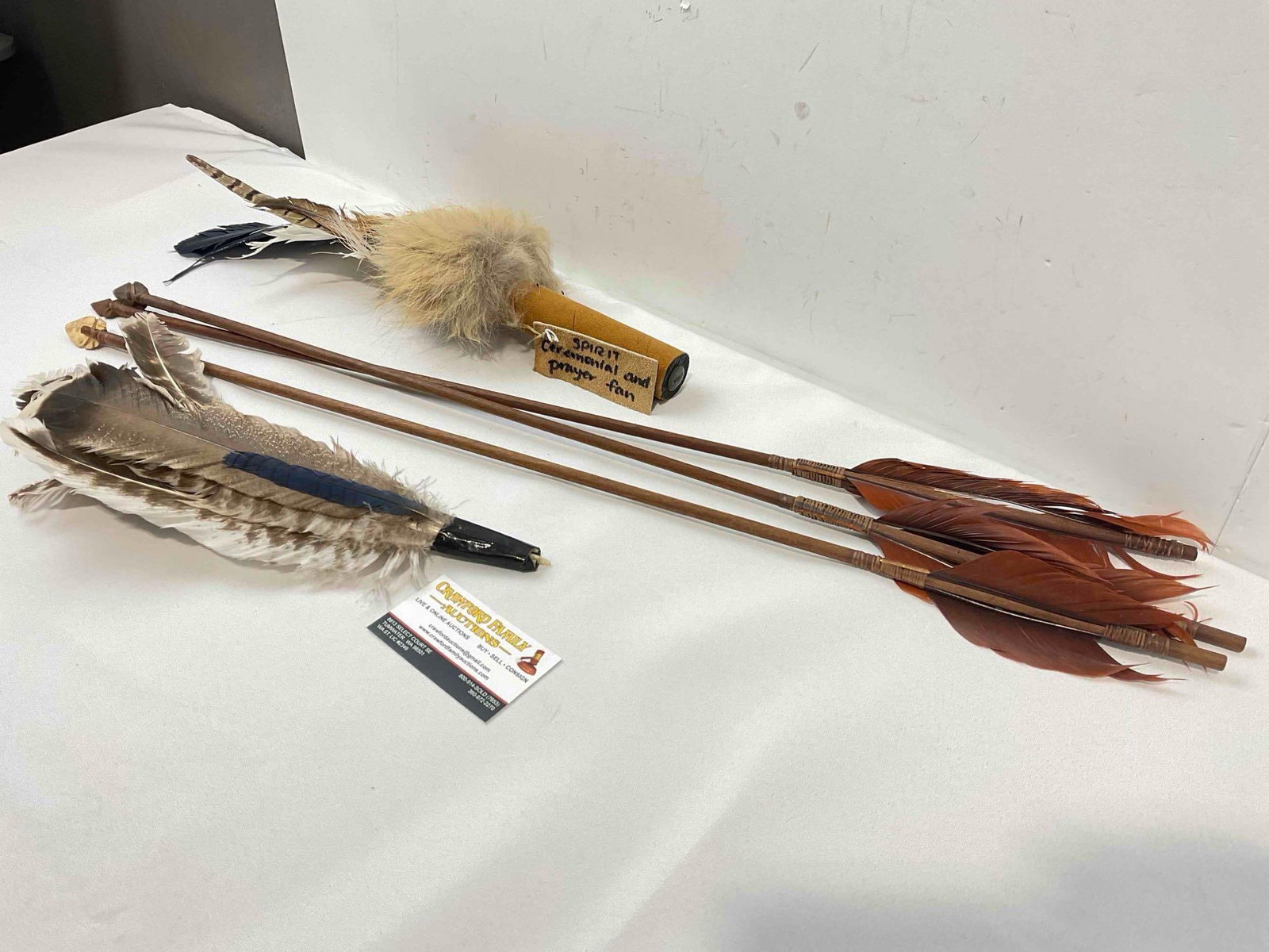 5 pcs Native American Art Assortment, incl. Feather & Fur Prayer Fan, 3x Arrows w/ Stone Heads. - 2