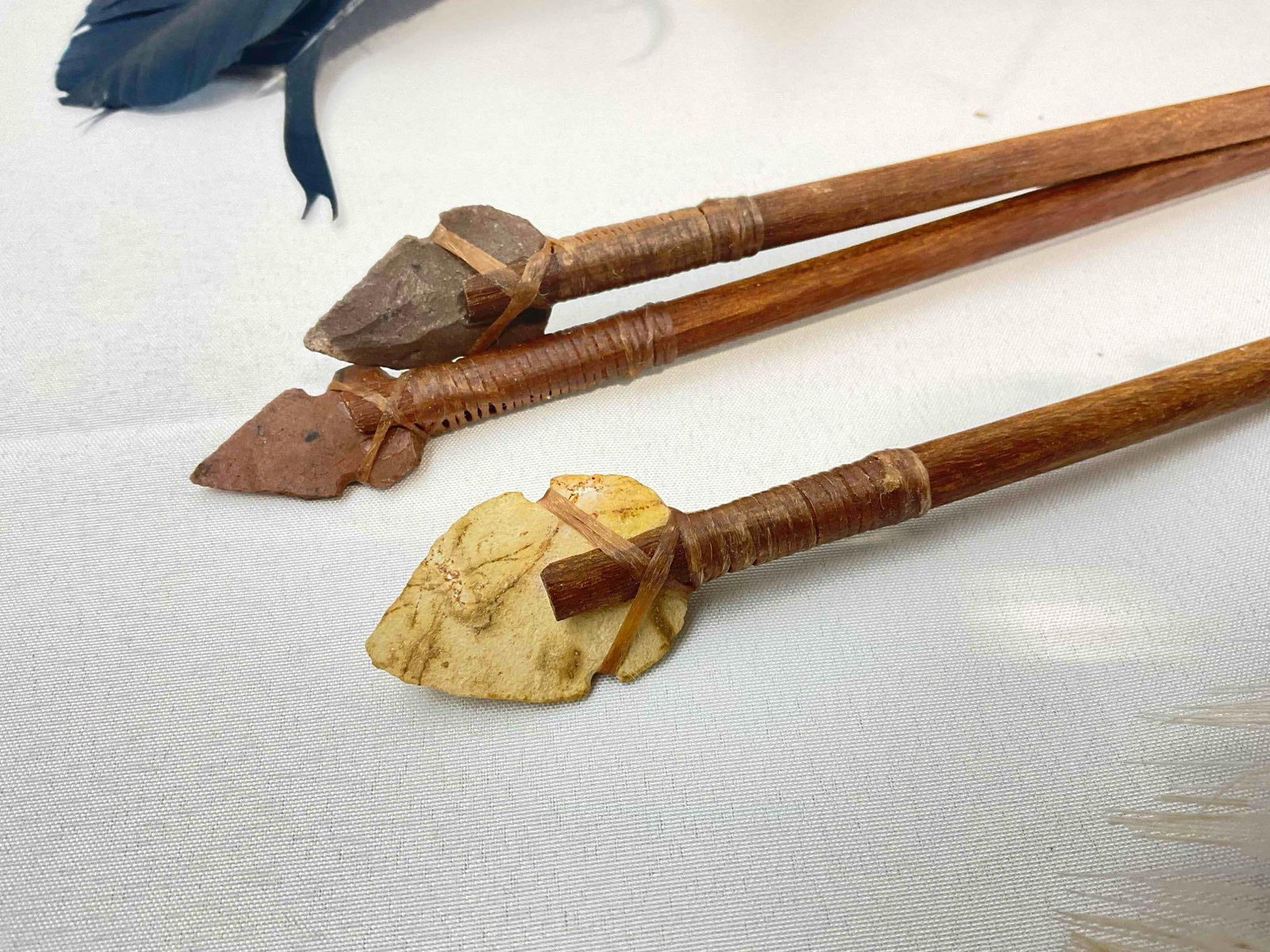 5 pcs Native American Art Assortment, incl. Feather & Fur Prayer Fan, 3x Arrows w/ Stone Heads. - 4