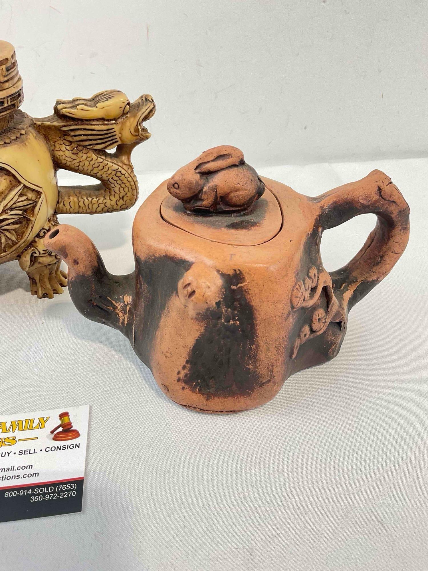 2 pcs Vintage Novelty Tea Pots, incl. 1x Ochre Resin w/ Dragons & 1x Orange Ceramic w/ Rabbit. - 3