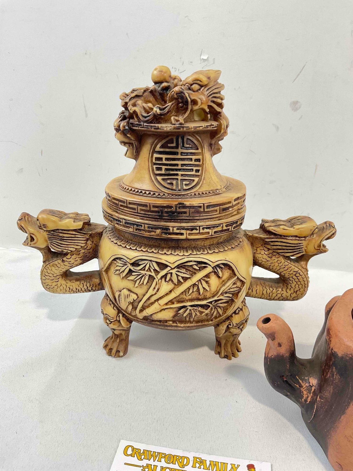 2 pcs Vintage Novelty Tea Pots, incl. 1x Ochre Resin w/ Dragons & 1x Orange Ceramic w/ Rabbit. - 4