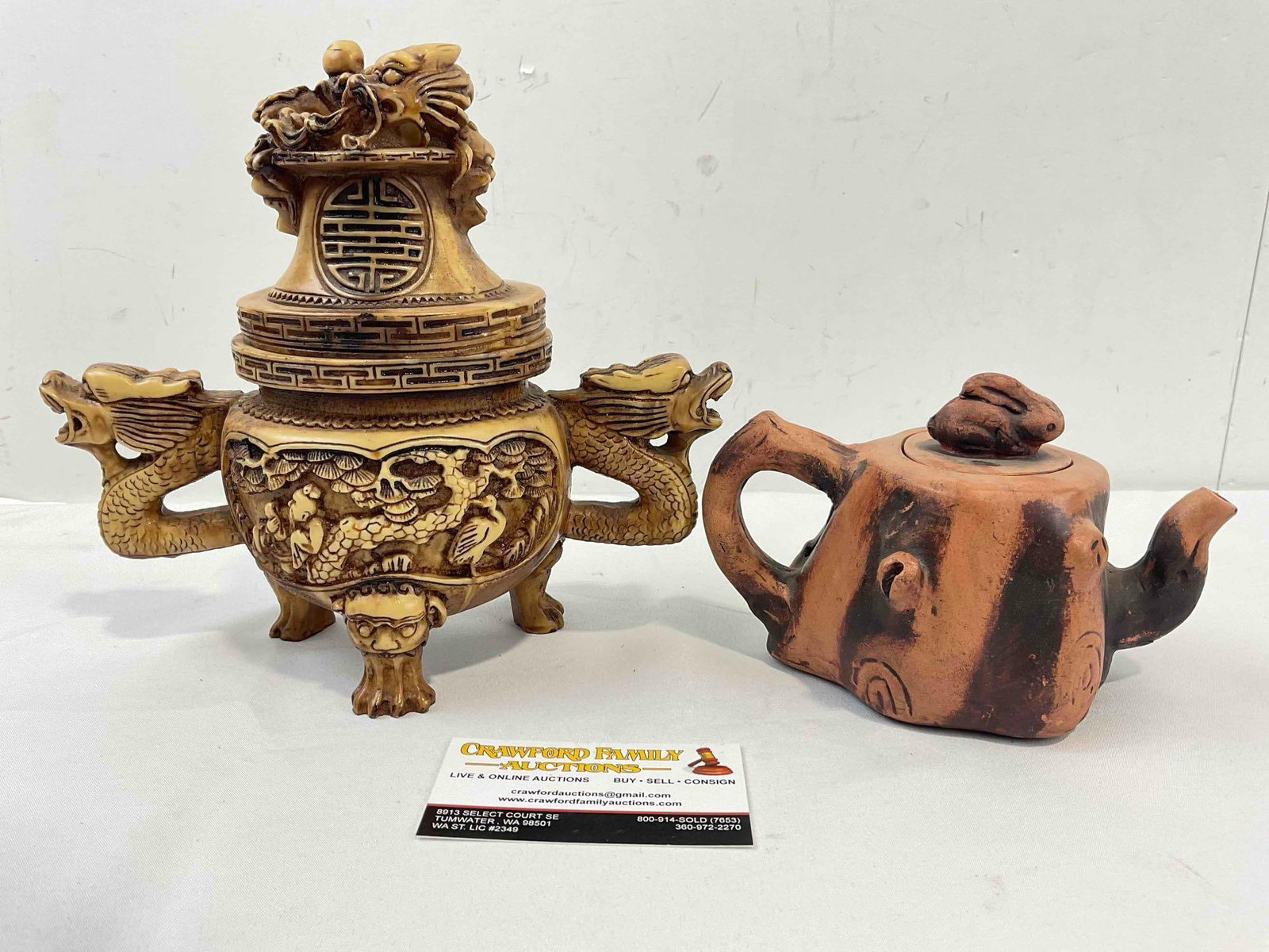 2 pcs Vintage Novelty Tea Pots, incl. 1x Ochre Resin w/ Dragons & 1x Orange Ceramic w/ Rabbit. - 6