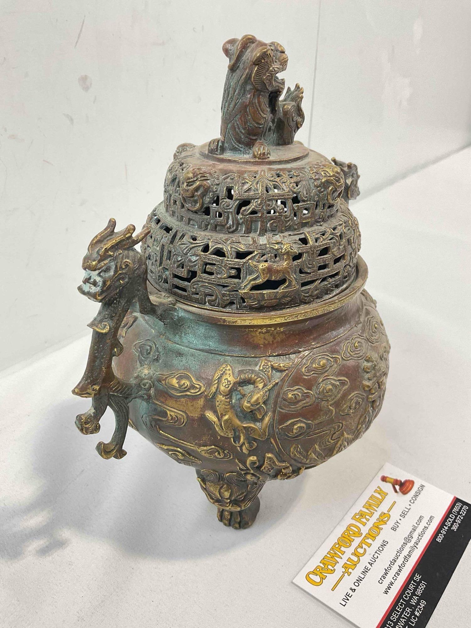 Antique Ming Dynasty Chinese Patinated Bronze Censer Incense Burner w/ Foo Dog Design. - 2