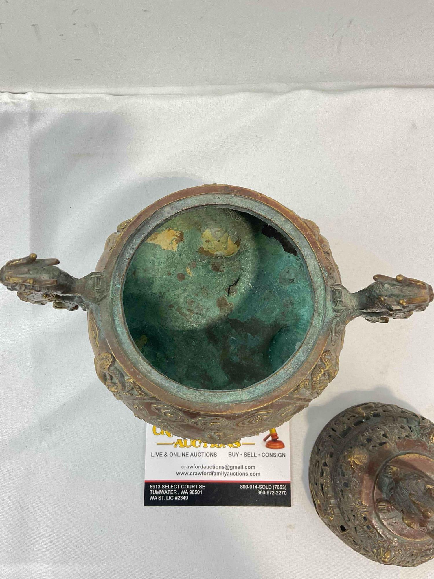 Antique Ming Dynasty Chinese Patinated Bronze Censer Incense Burner w/ Foo Dog Design. - 4