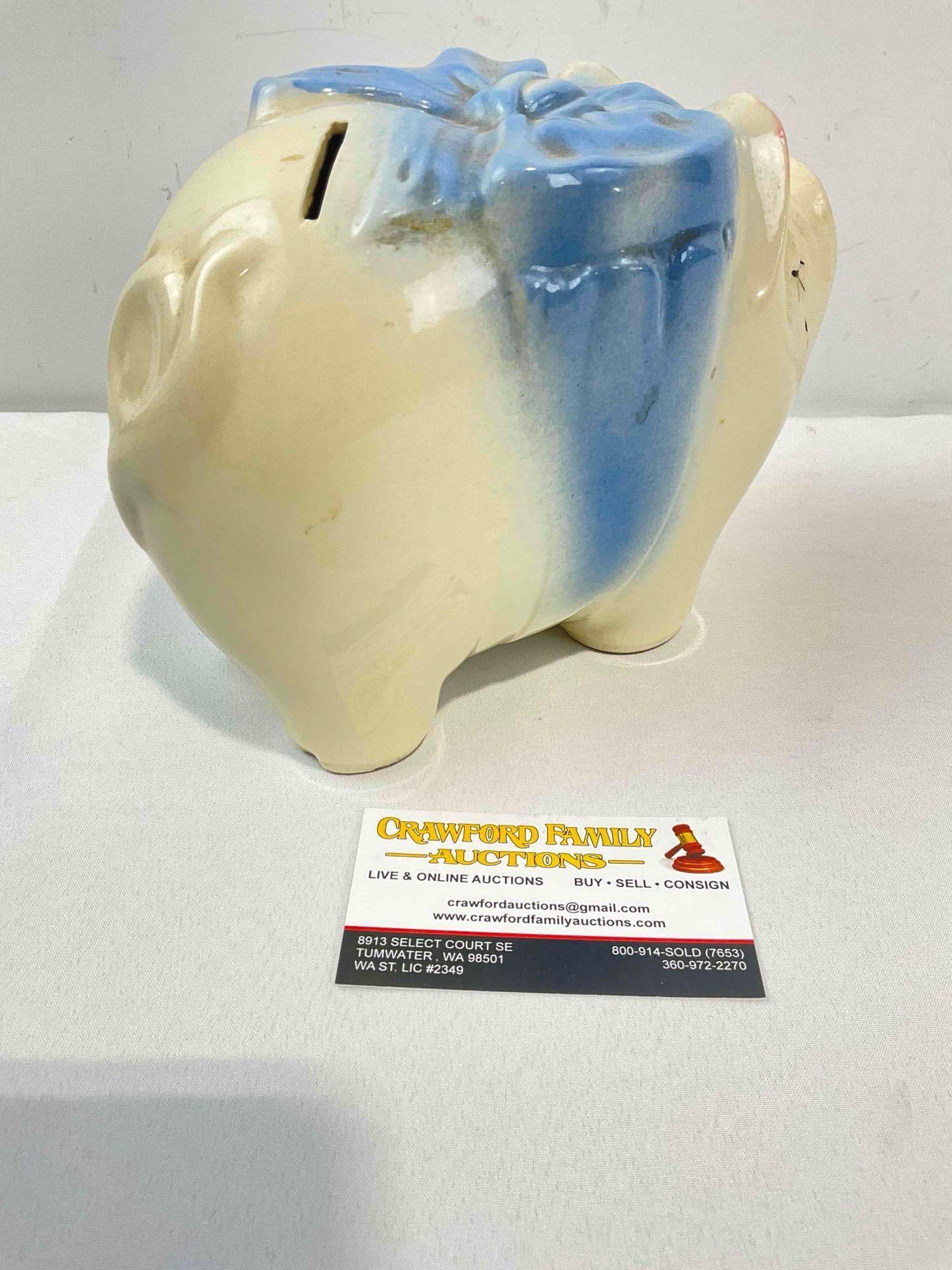 Charming Vintage White Ceramic Piggy Bank w/ Blue Bow Design. Good Condition. See pics. - 2