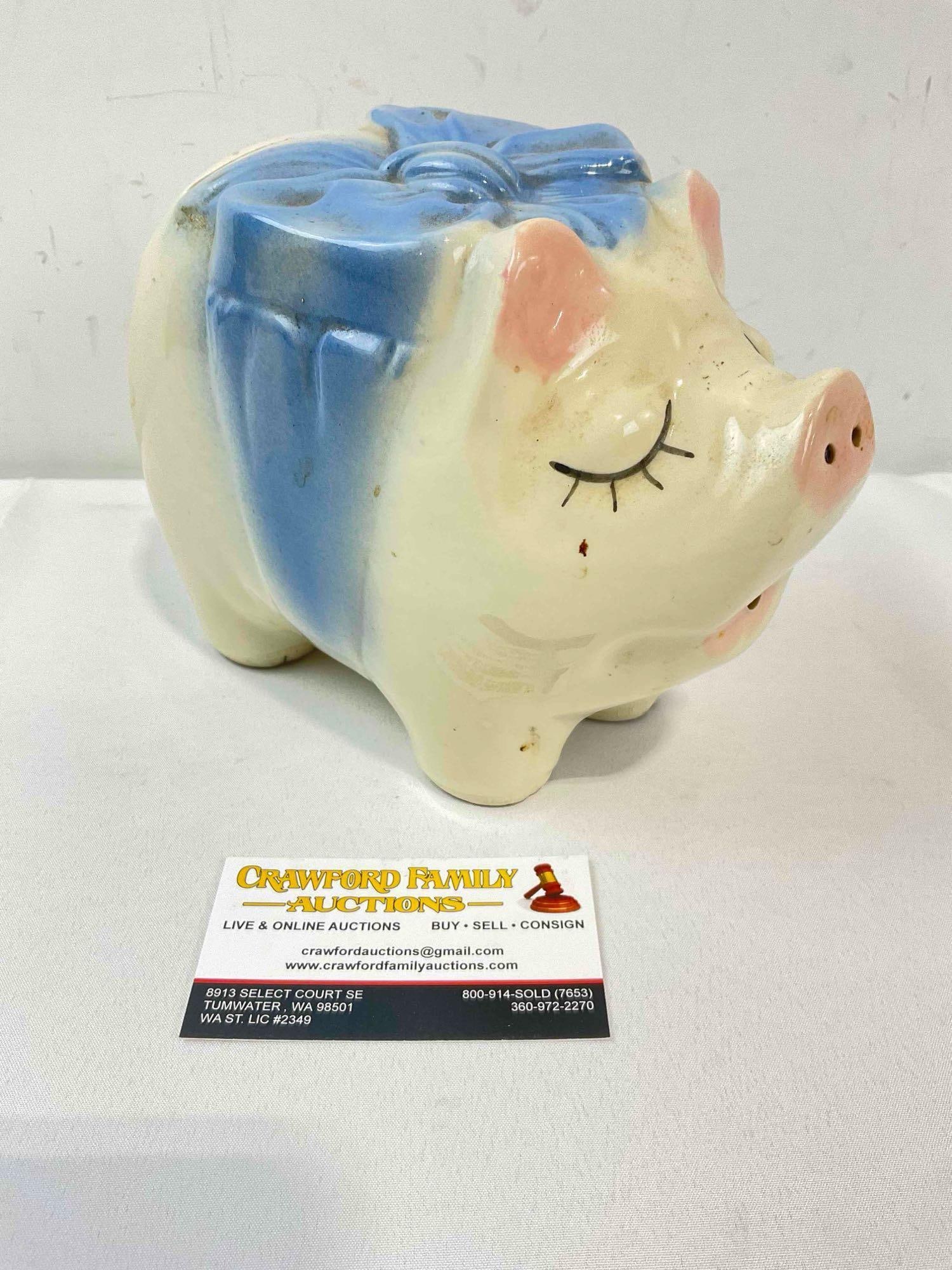 Charming Vintage White Ceramic Piggy Bank w/ Blue Bow Design. Good Condition. See pics. - 3