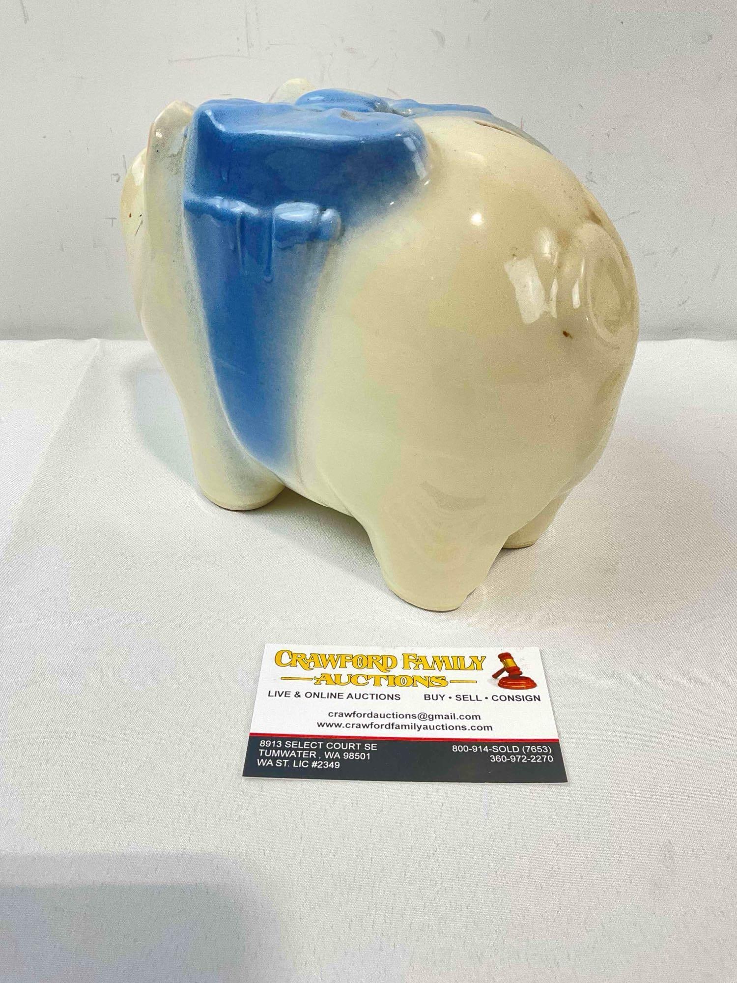 Charming Vintage White Ceramic Piggy Bank w/ Blue Bow Design. Good Condition. See pics. - 5