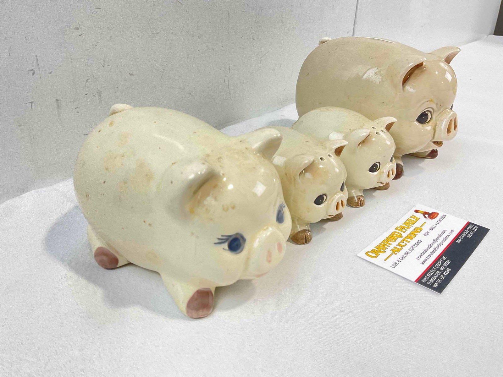 4 pcs Vintage Off White Glazed Ceramic Pig Figurines, incl. Piggy Bank, S&P Shakers & More! - 2