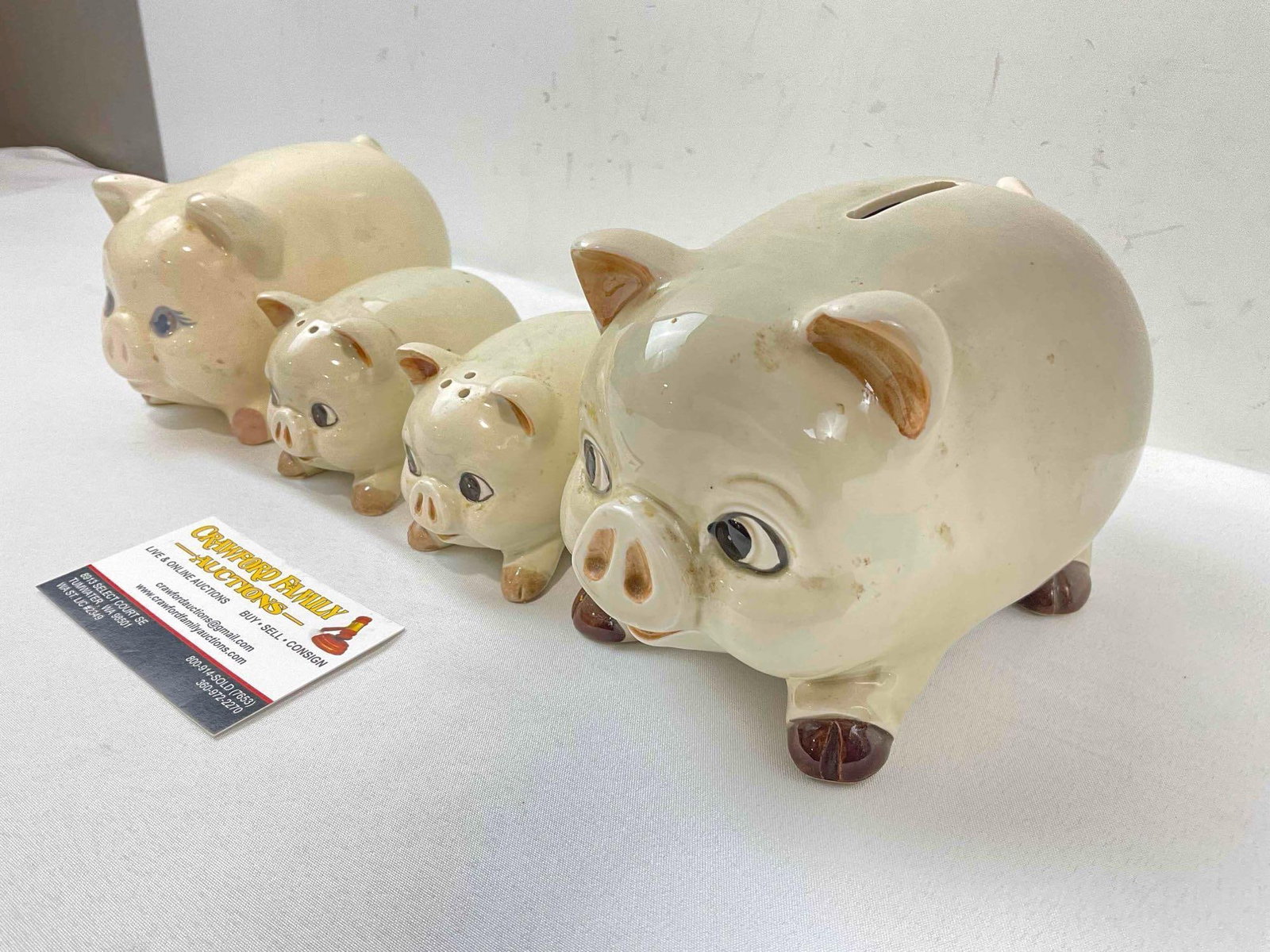 4 pcs Vintage Off White Glazed Ceramic Pig Figurines, incl. Piggy Bank, S&P Shakers & More! - 3