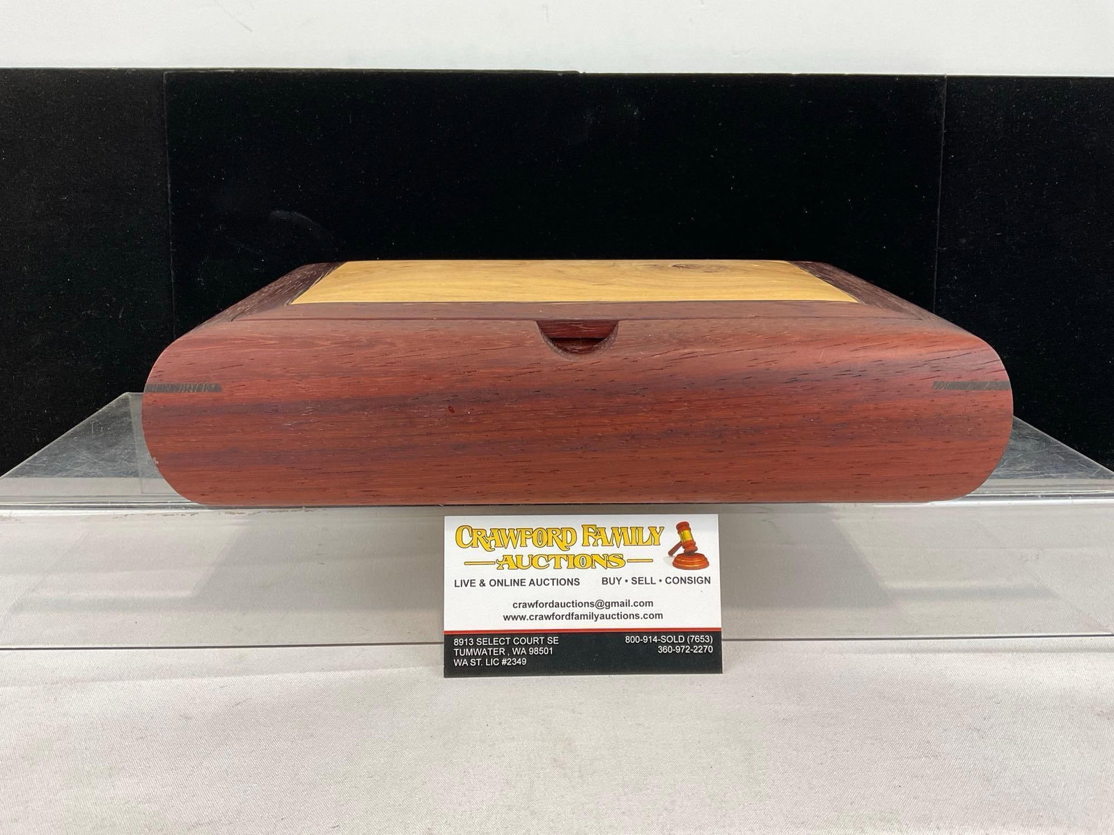 Handmade Jewelry Box, Smooth Red Wood w/inlay lighter wood, 3h x 11w x 8d inches: Appears to be in good shape. The piece measures approx 3h x 11w x 8d inches. See pics. E-6080