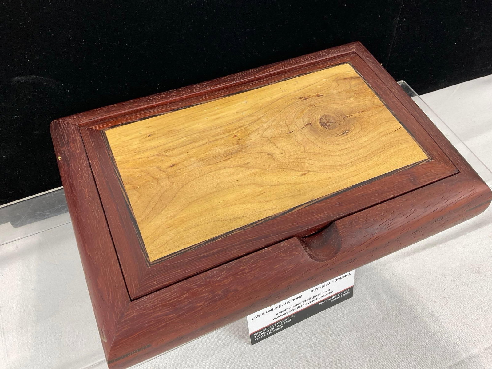 Handmade Jewelry Box, Smooth Red Wood w/inlay lighter wood, 3h x 11w x 8d inches - 2