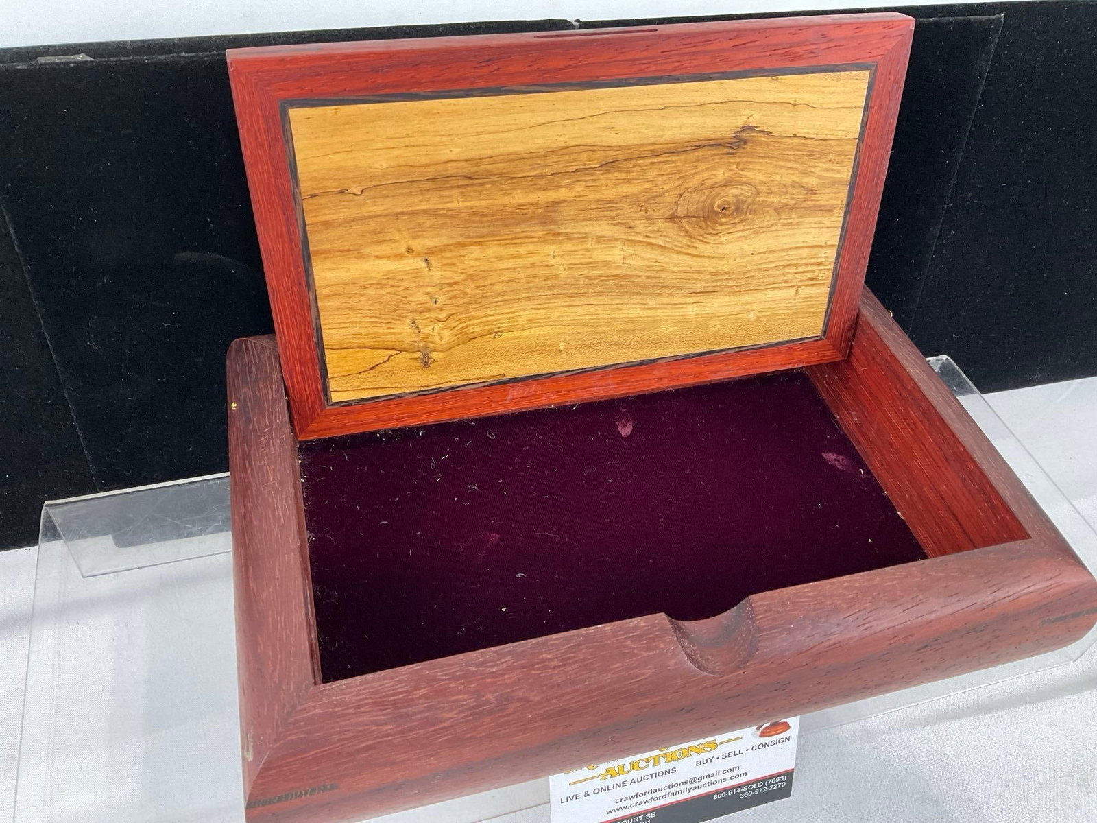 Handmade Jewelry Box, Smooth Red Wood w/inlay lighter wood, 3h x 11w x 8d inches - 3