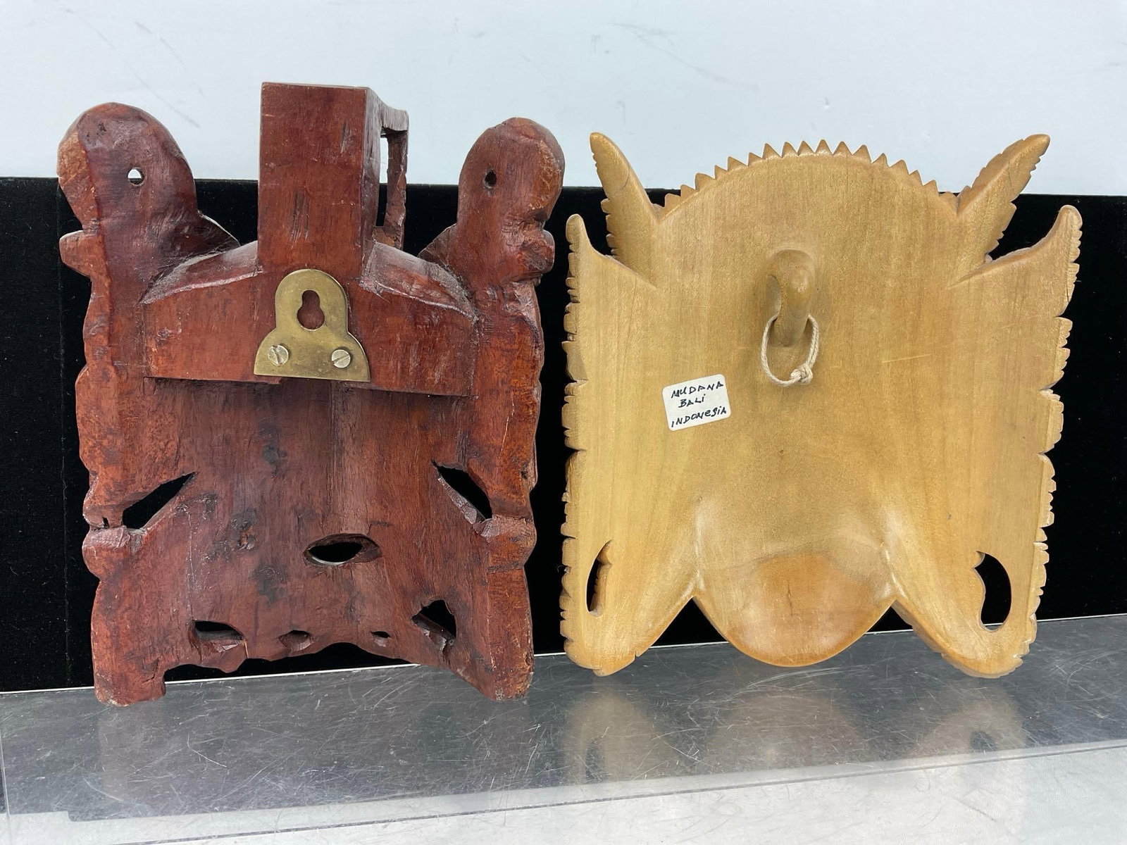 Pair of Carved Balinese Indonesian Wooden Masks, Rosewood & Lighter Sita wood - 2