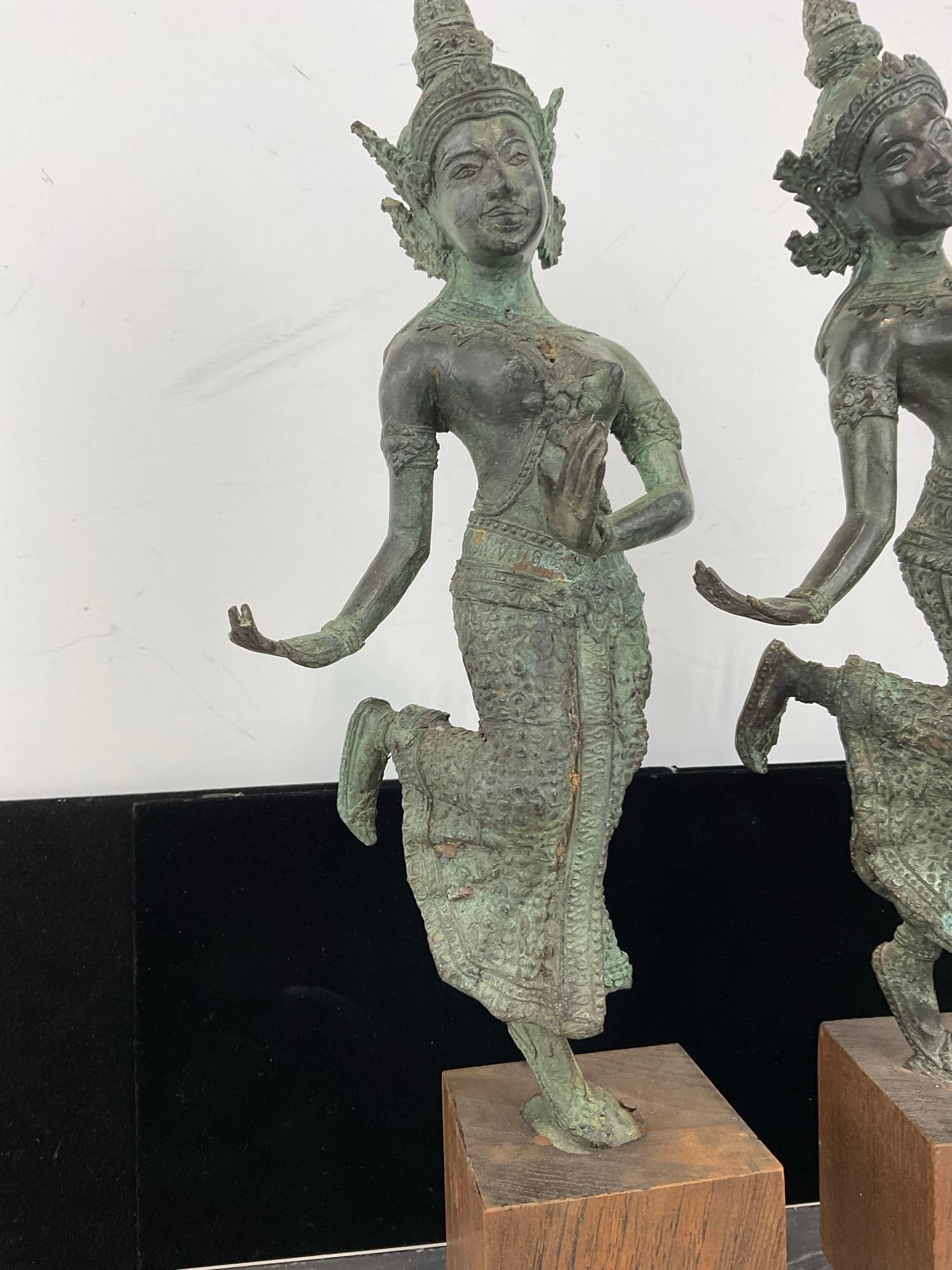 Pair of Cast Bronze Statues, Thai/Burmese Dancers, on wood blocks - 2