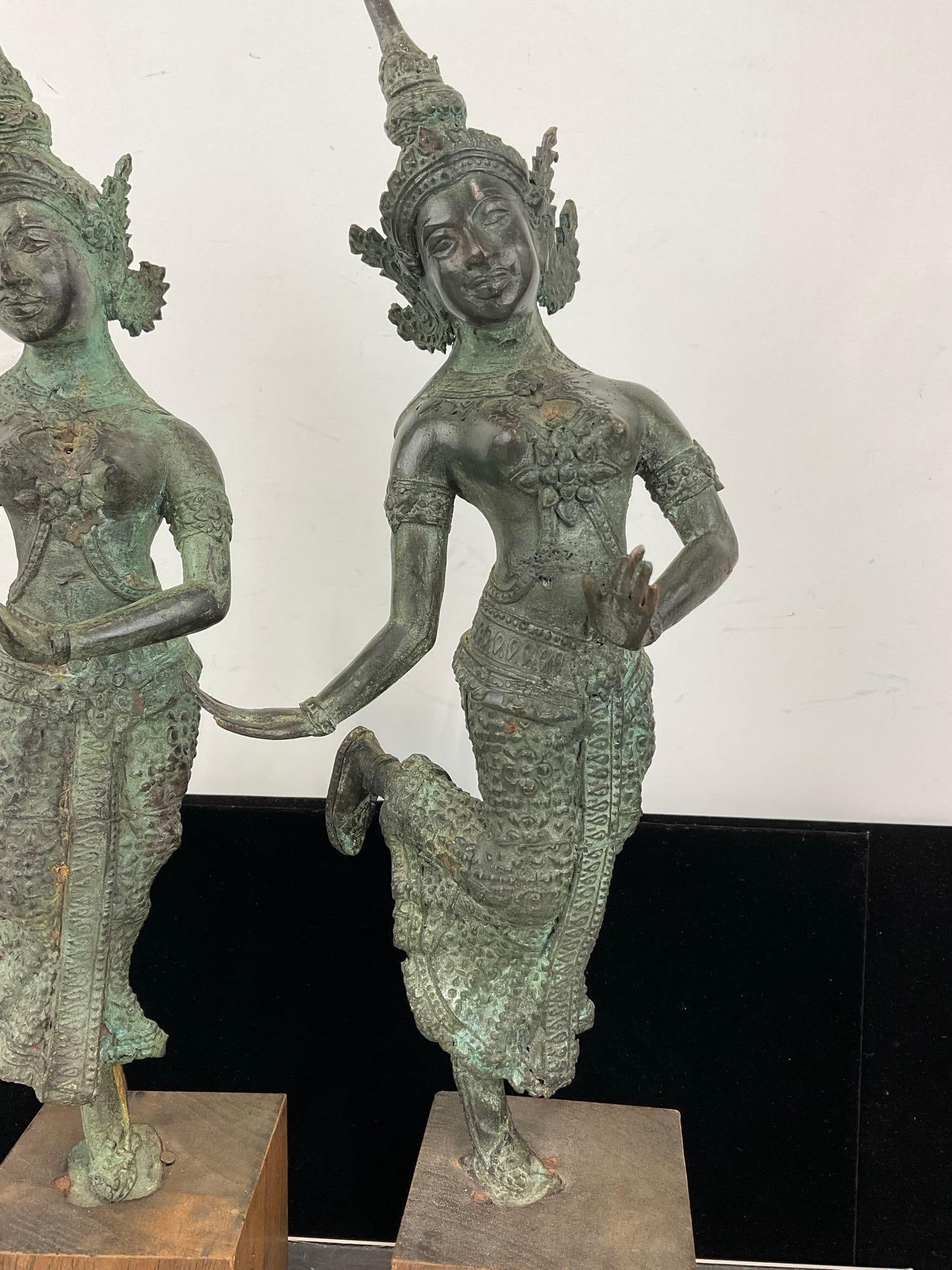 Pair of Cast Bronze Statues, Thai/Burmese Dancers, on wood blocks - 3