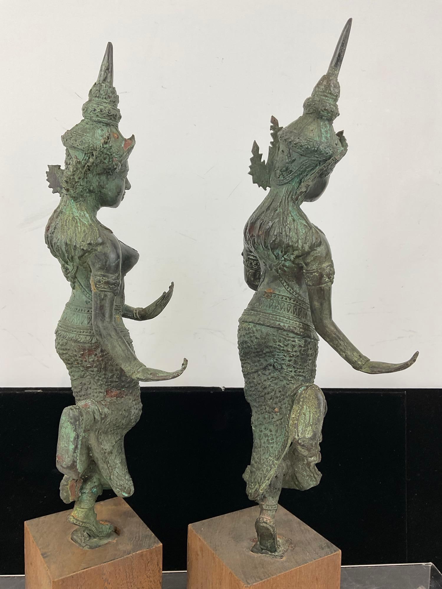 Pair of Cast Bronze Statues, Thai/Burmese Dancers, on wood blocks - 4