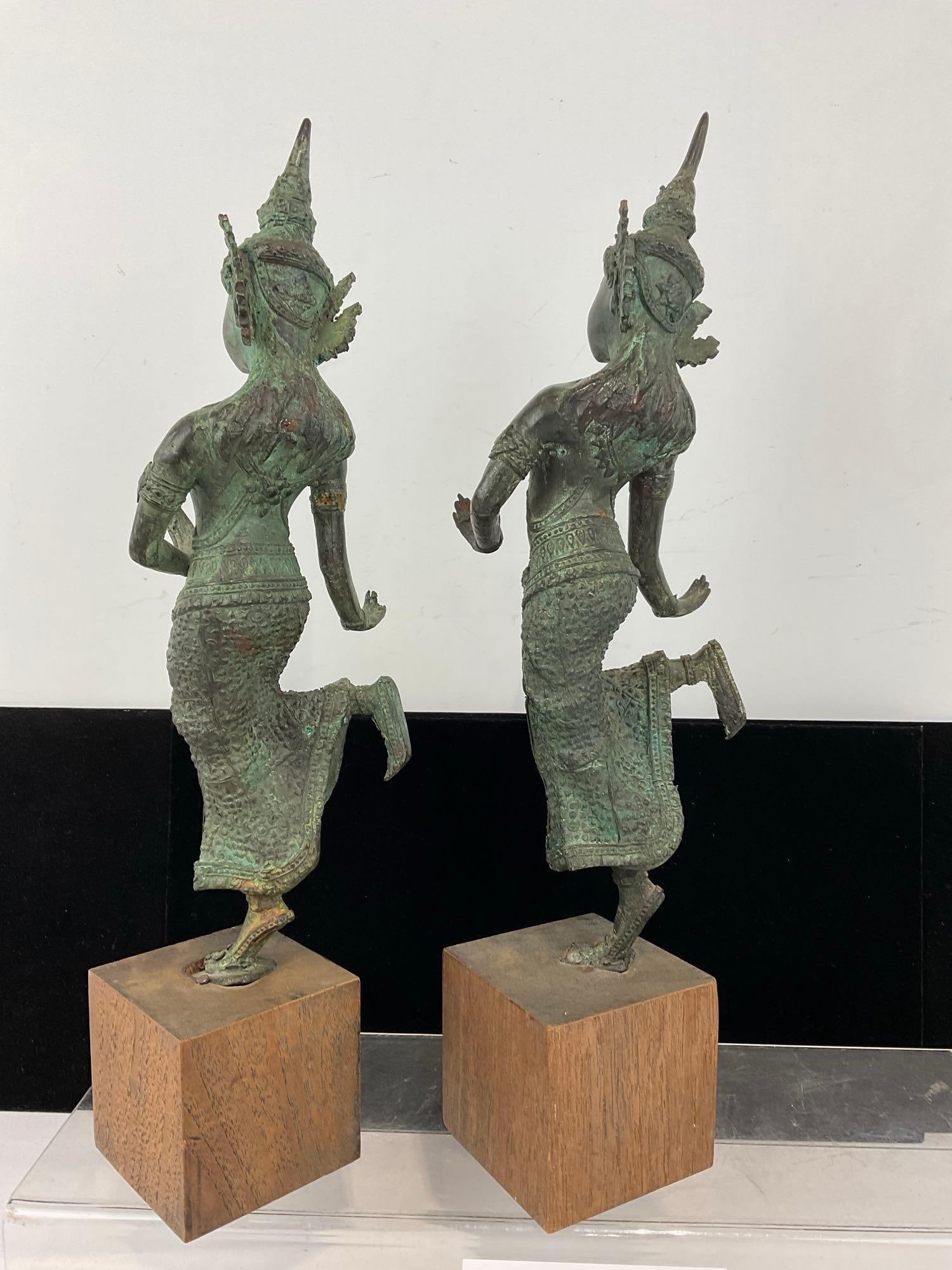 Pair of Cast Bronze Statues, Thai/Burmese Dancers, on wood blocks - 5