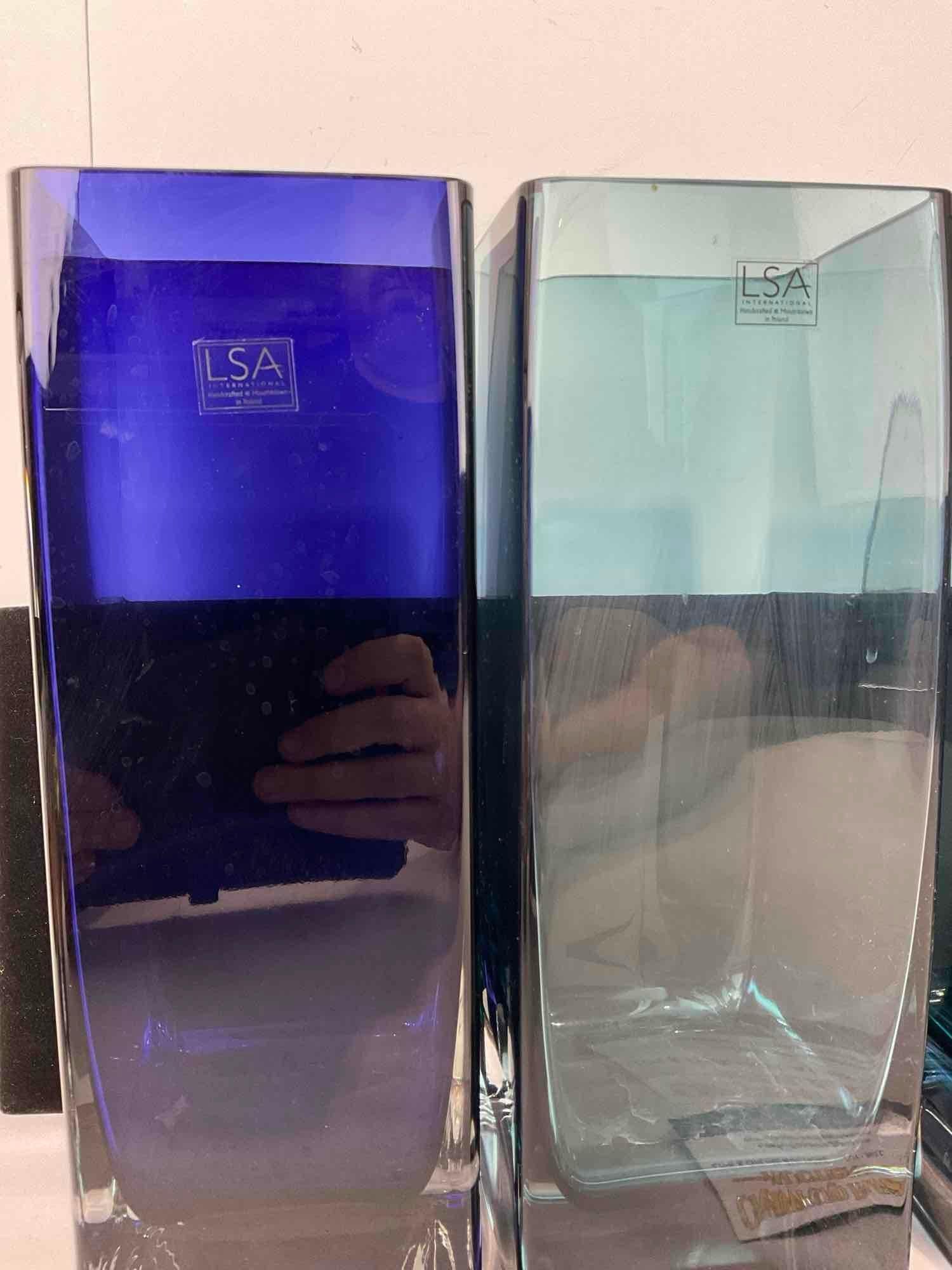 Set of 4 LSA International Vases, 2x Cobalt Blue & Clear Blue, Handblown in Poland, 14 inches tall - 2