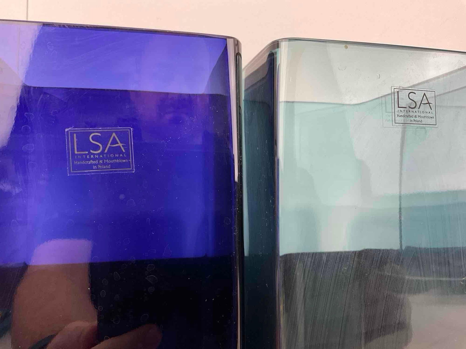 Set of 4 LSA International Vases, 2x Cobalt Blue & Clear Blue, Handblown in Poland, 14 inches tall - 3