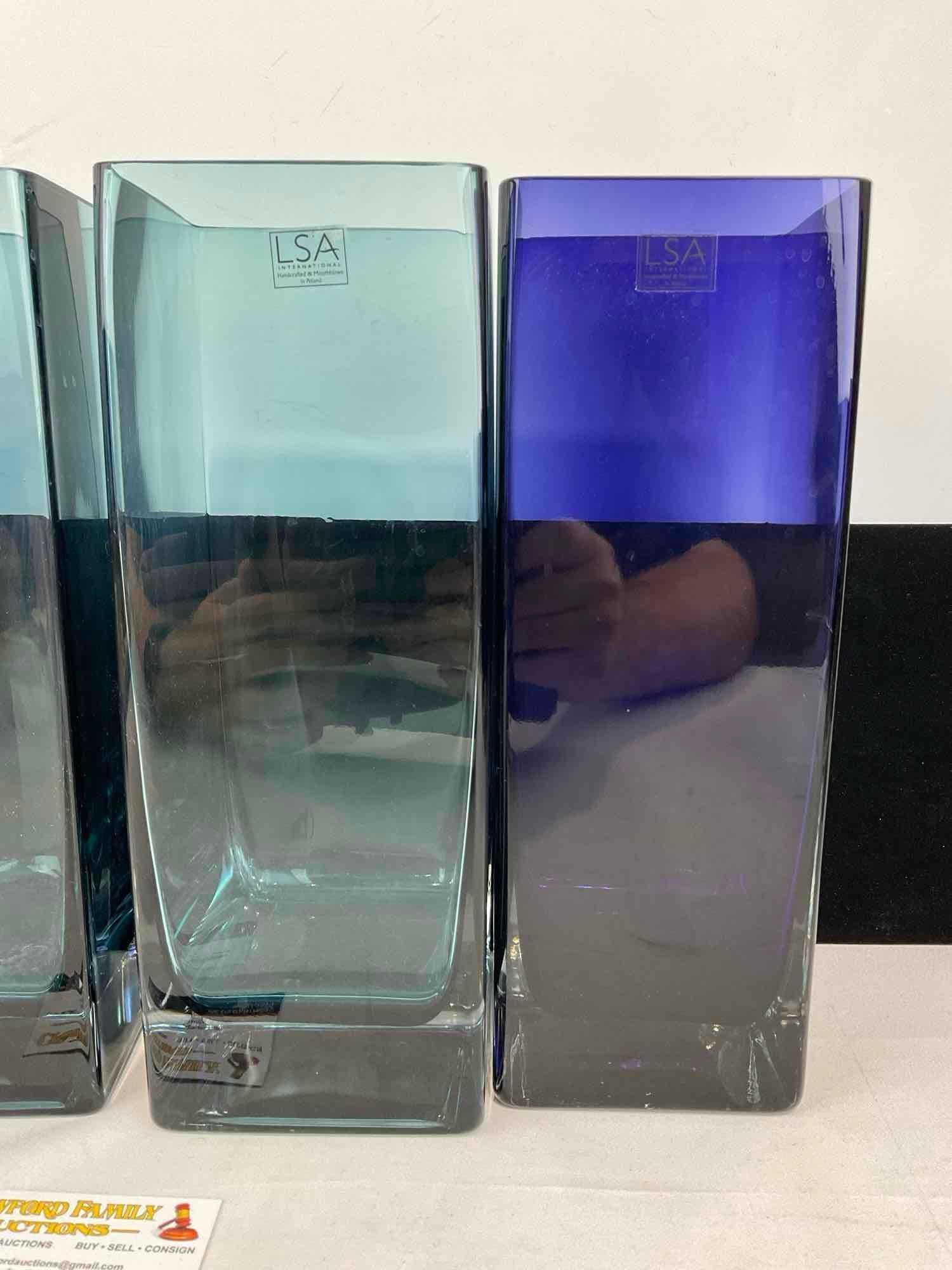 Set of 4 LSA International Vases, 2x Cobalt Blue & Clear Blue, Handblown in Poland, 14 inches tall - 4