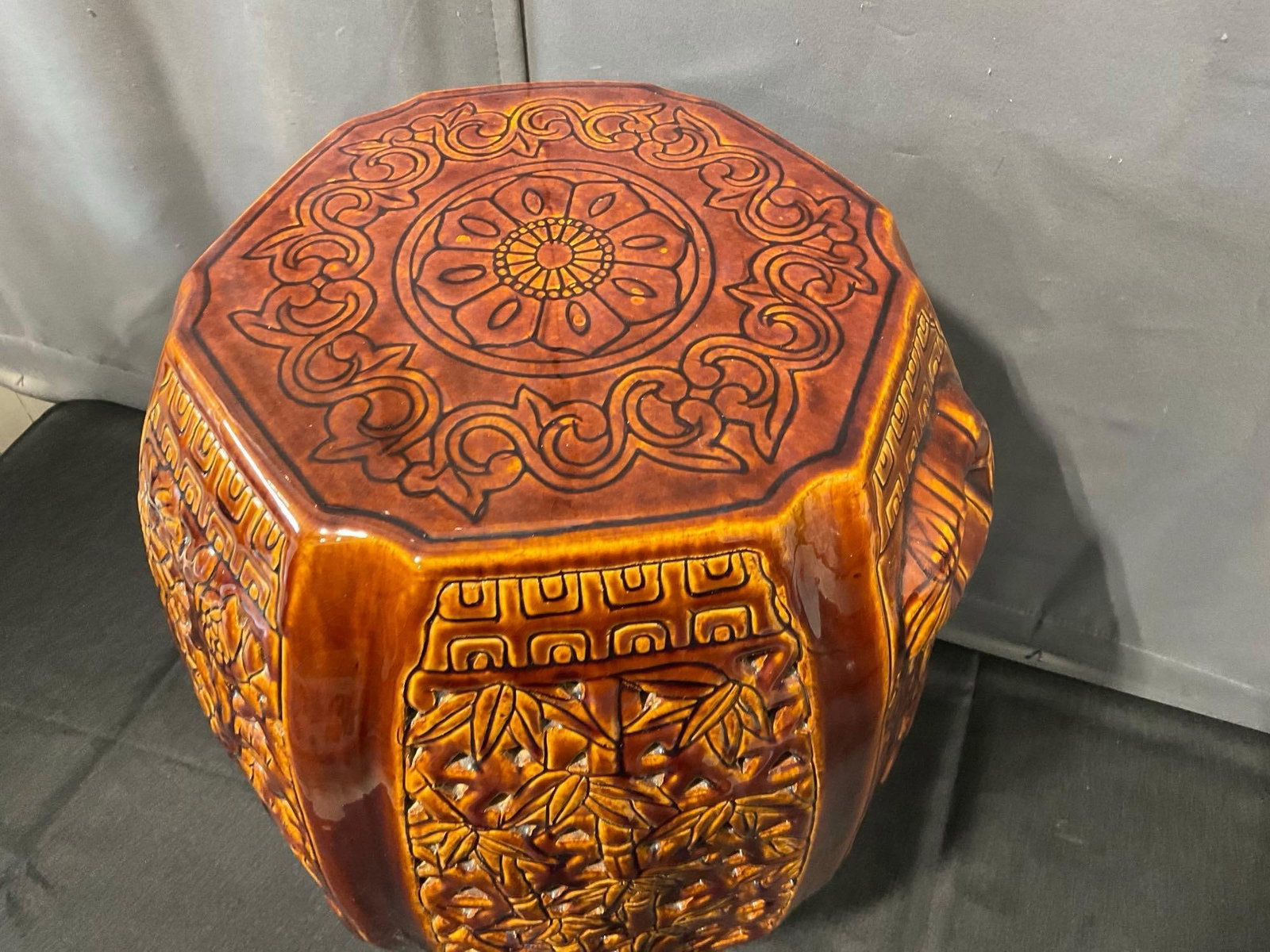 Six Sided Glazed Ceramic Plant Stand, Dark Orange in color, 18x15x15 inches - 2