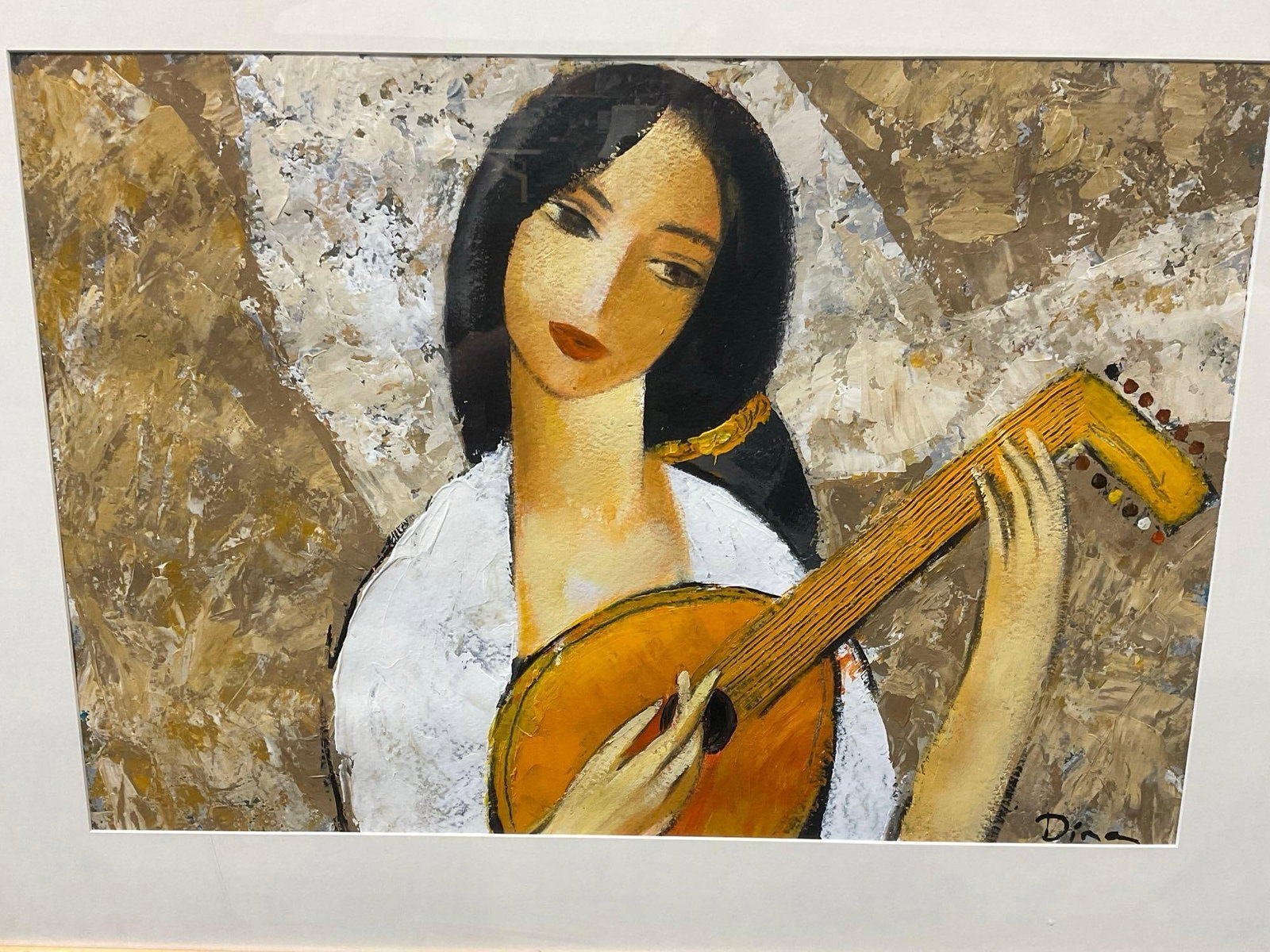 Framed signed Oil on Canvas, Woman playing a Lute, signed Dina, 31x39 inches - 2