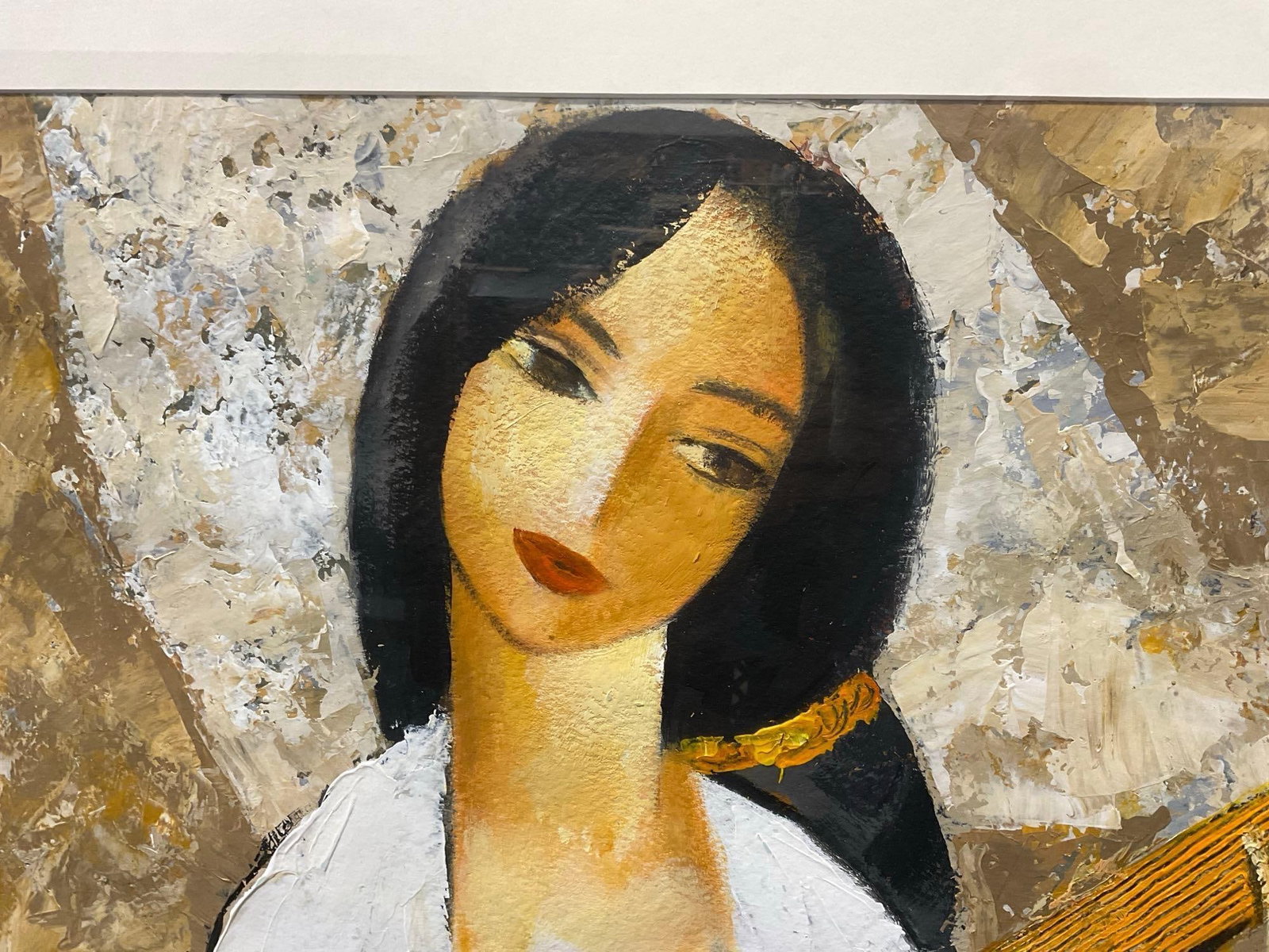 Framed signed Oil on Canvas, Woman playing a Lute, signed Dina, 31x39 inches - 3