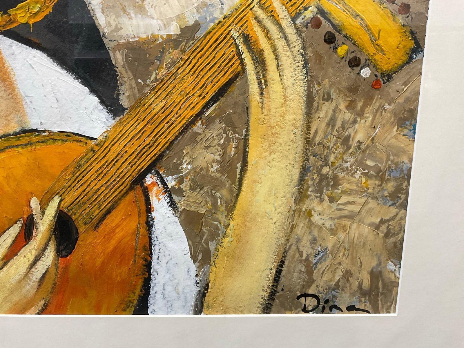 Framed signed Oil on Canvas, Woman playing a Lute, signed Dina, 31x39 inches - 4