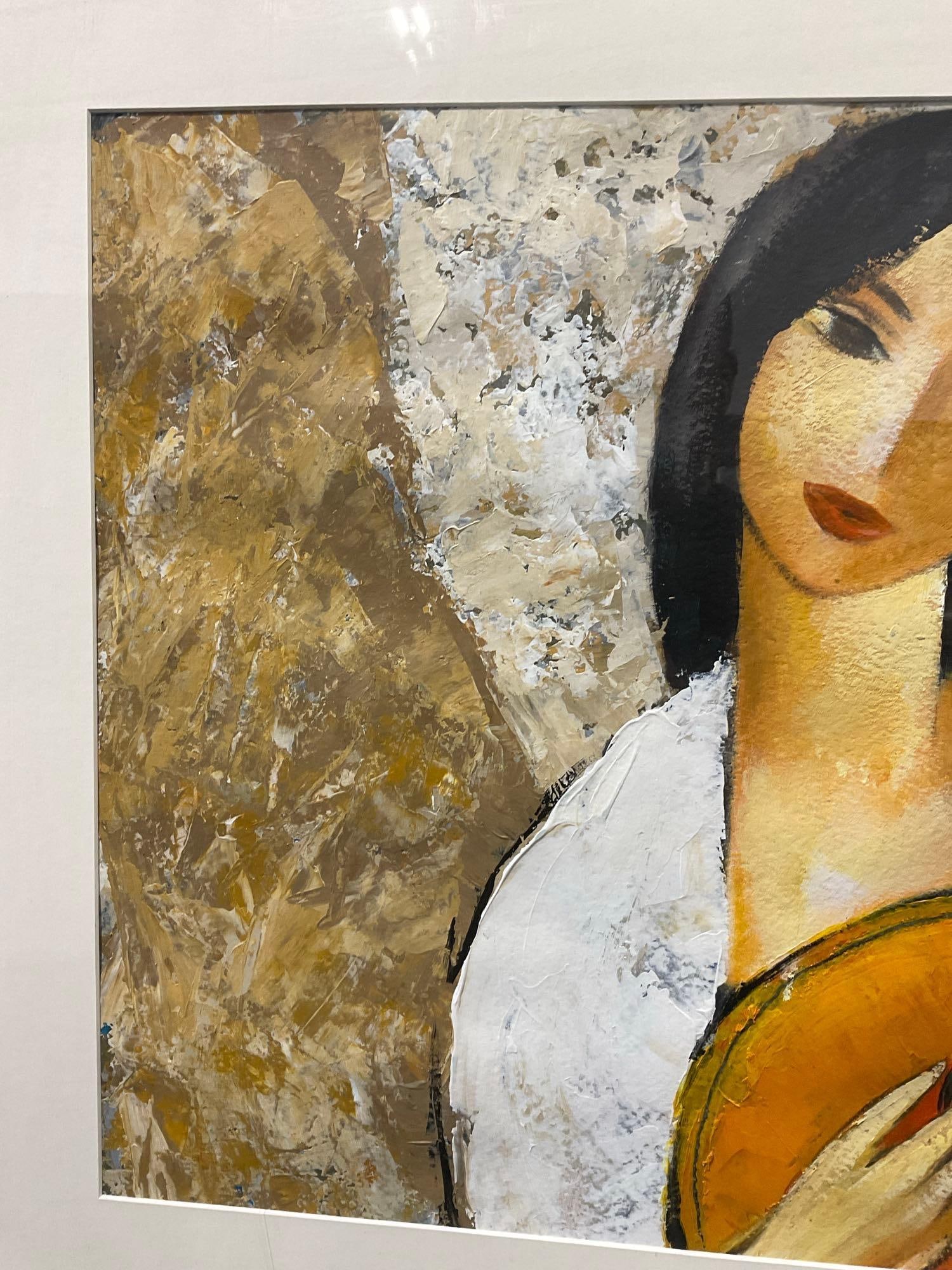 Framed signed Oil on Canvas, Woman playing a Lute, signed Dina, 31x39 inches - 5