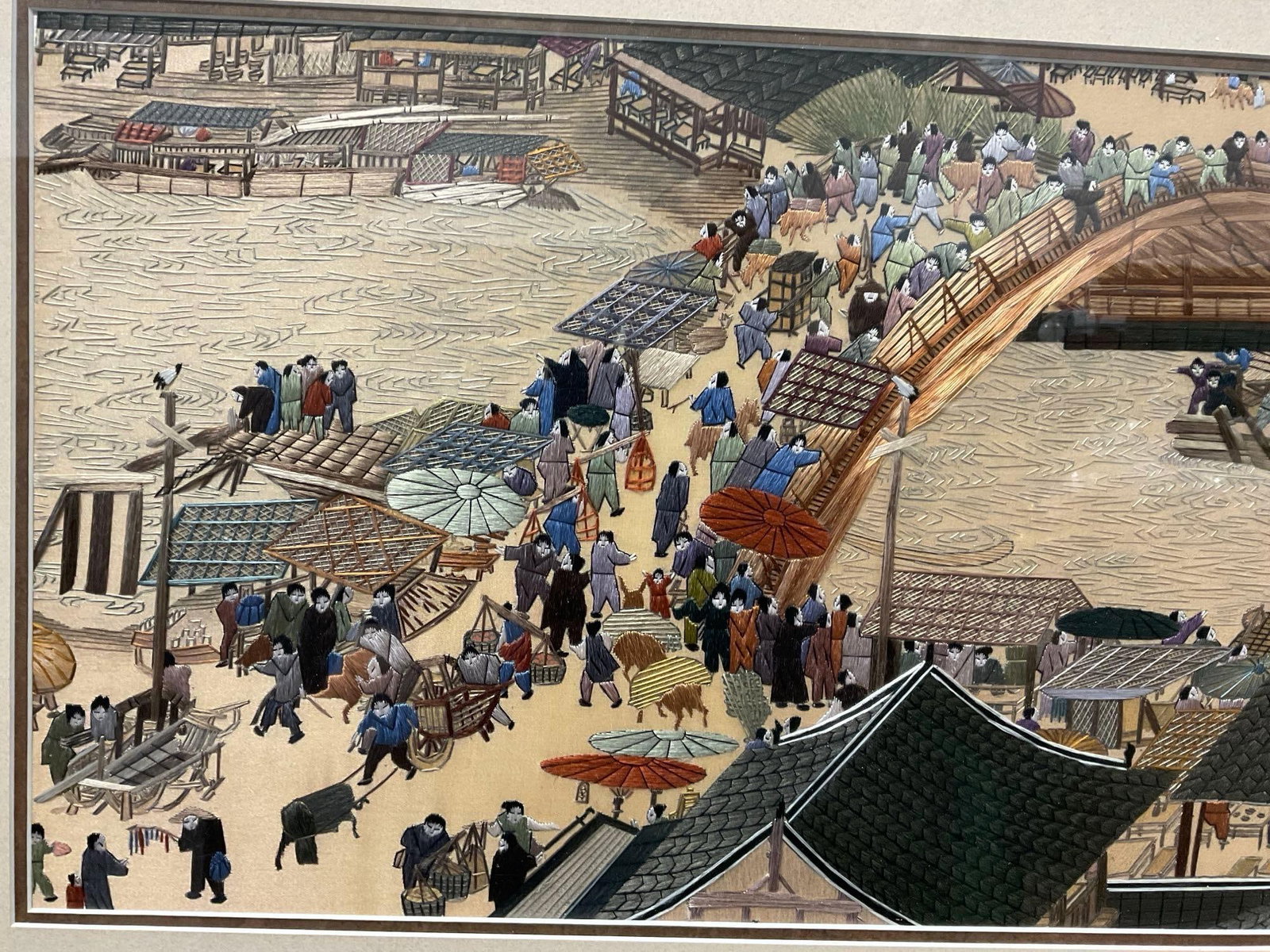 Framed Embroidered Repro of Along the River During the Qingming Festival, 18x45 inches - 2