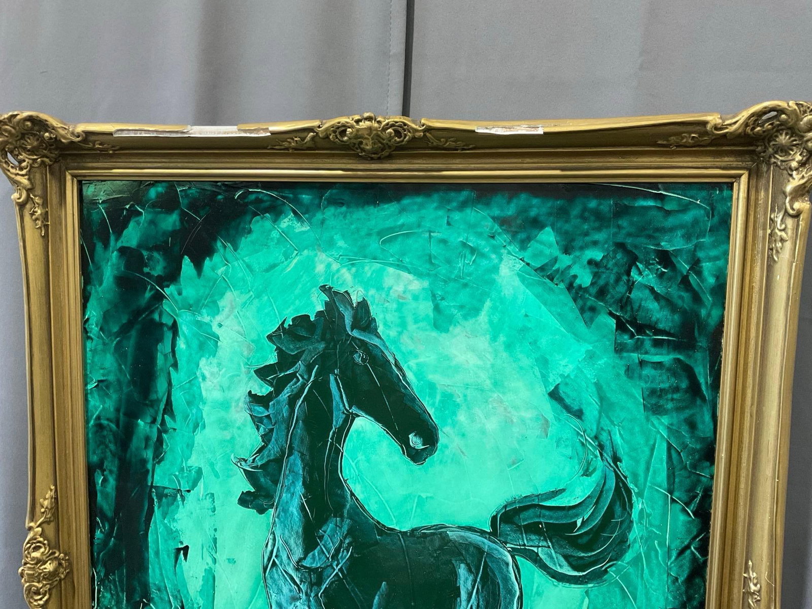 Large Gilt Framed Horse piece, w/shades of blue & teal, 36x28 inches - 2