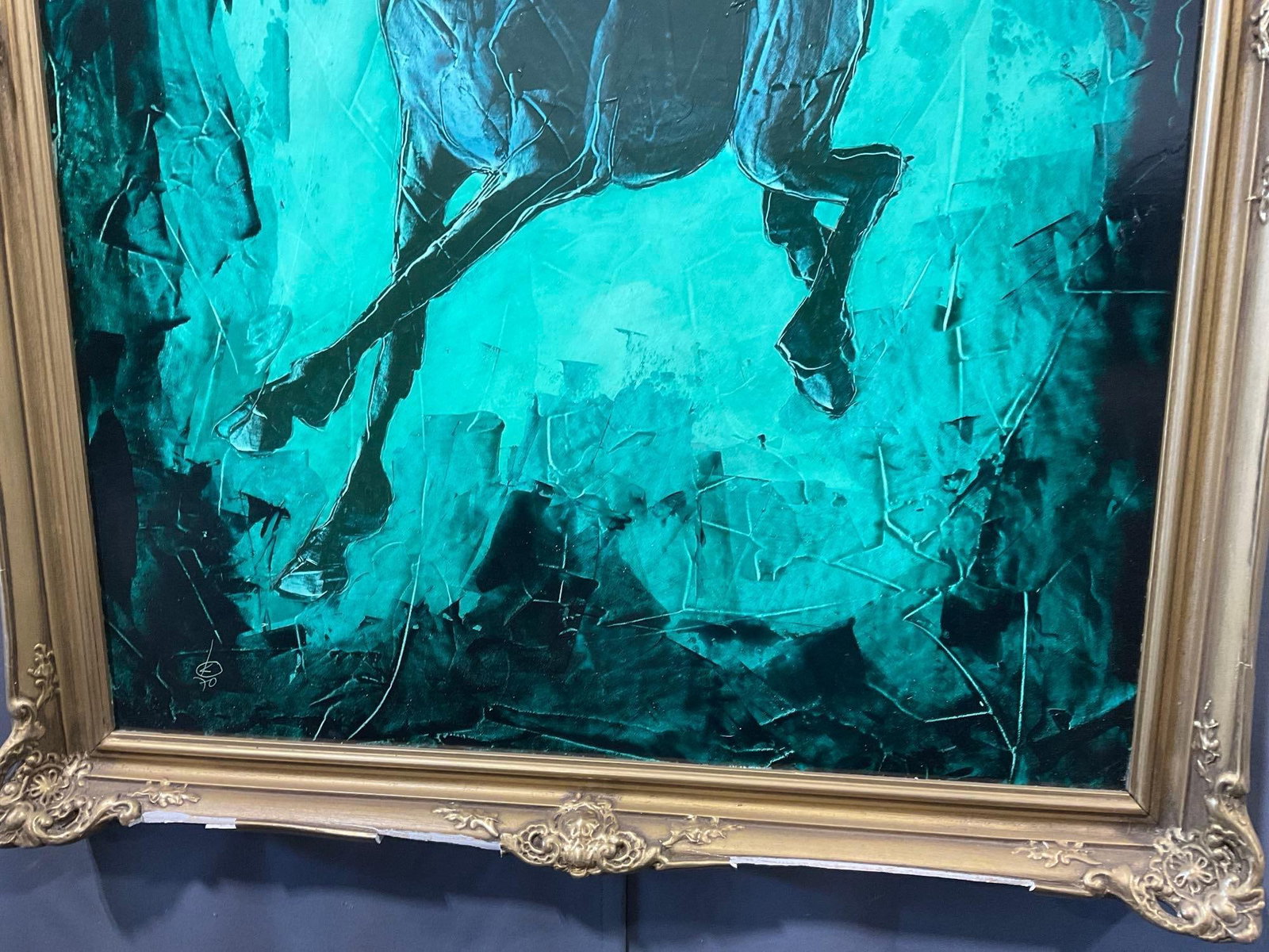 Large Gilt Framed Horse piece, w/shades of blue & teal, 36x28 inches - 3