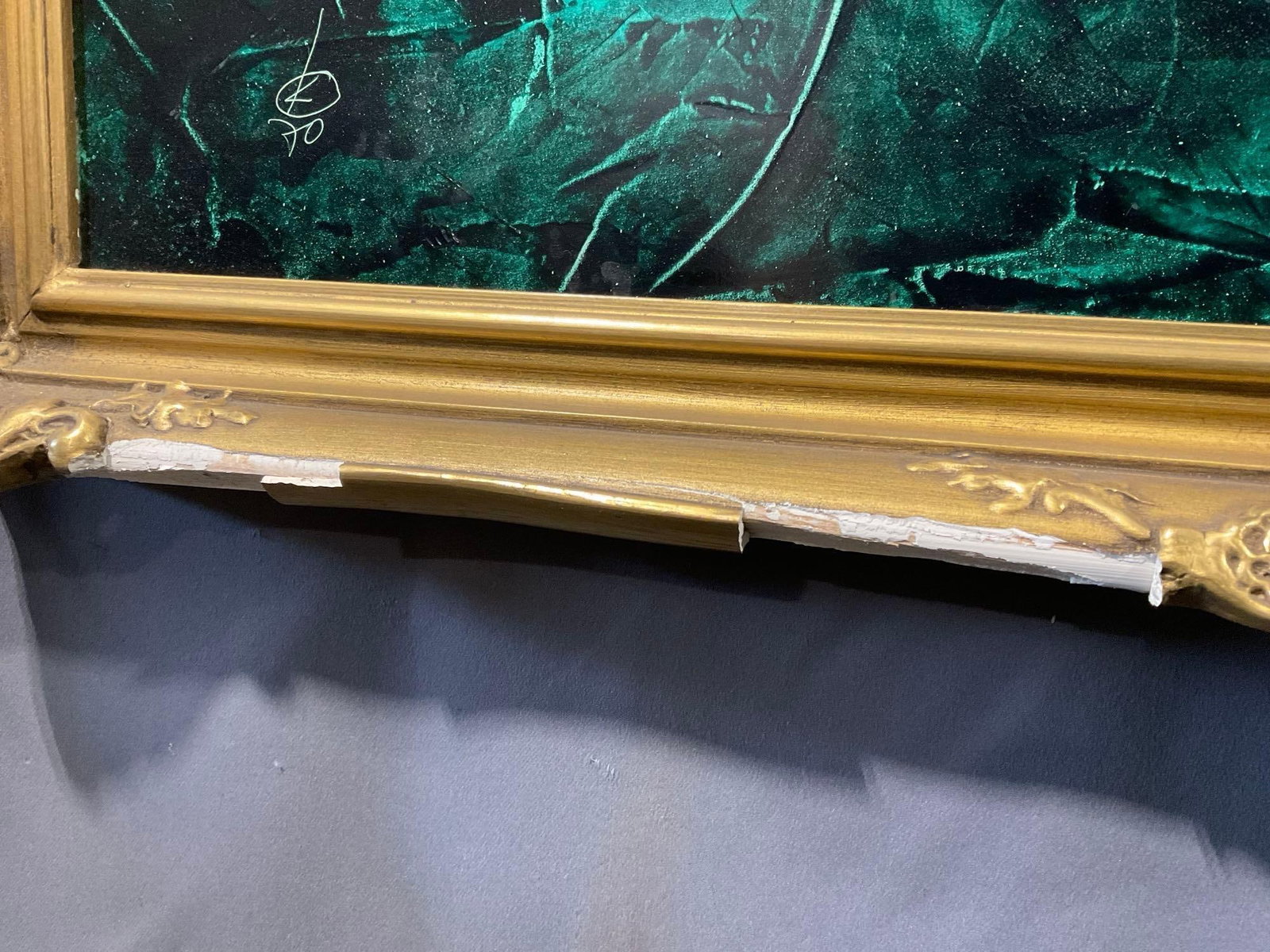 Large Gilt Framed Horse piece, w/shades of blue & teal, 36x28 inches - 5