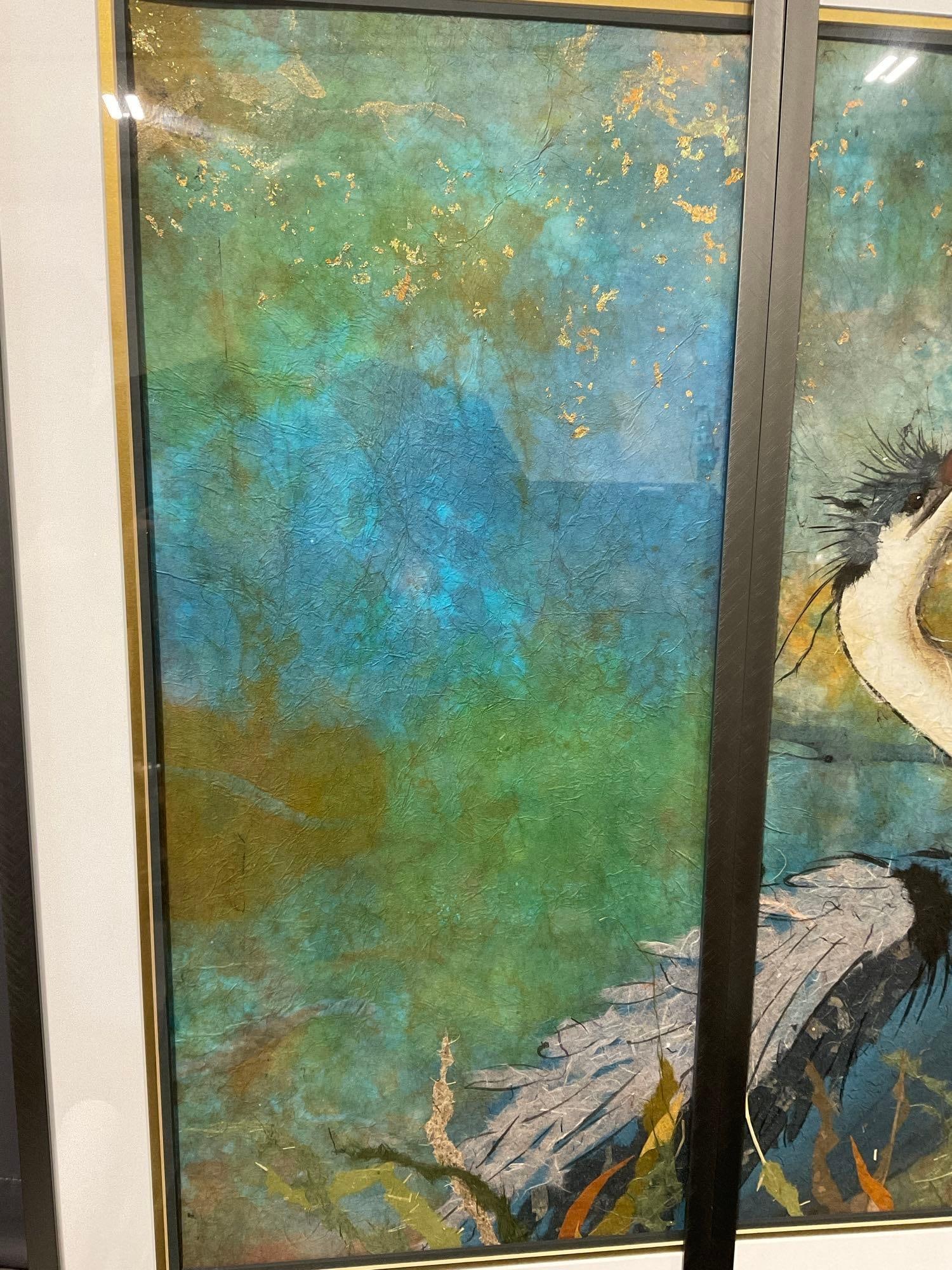 Framed Triptych Green & Blue w/Herons, 3 pcs, title Babysitting by Patrice Bruzas 50 in wide - 2