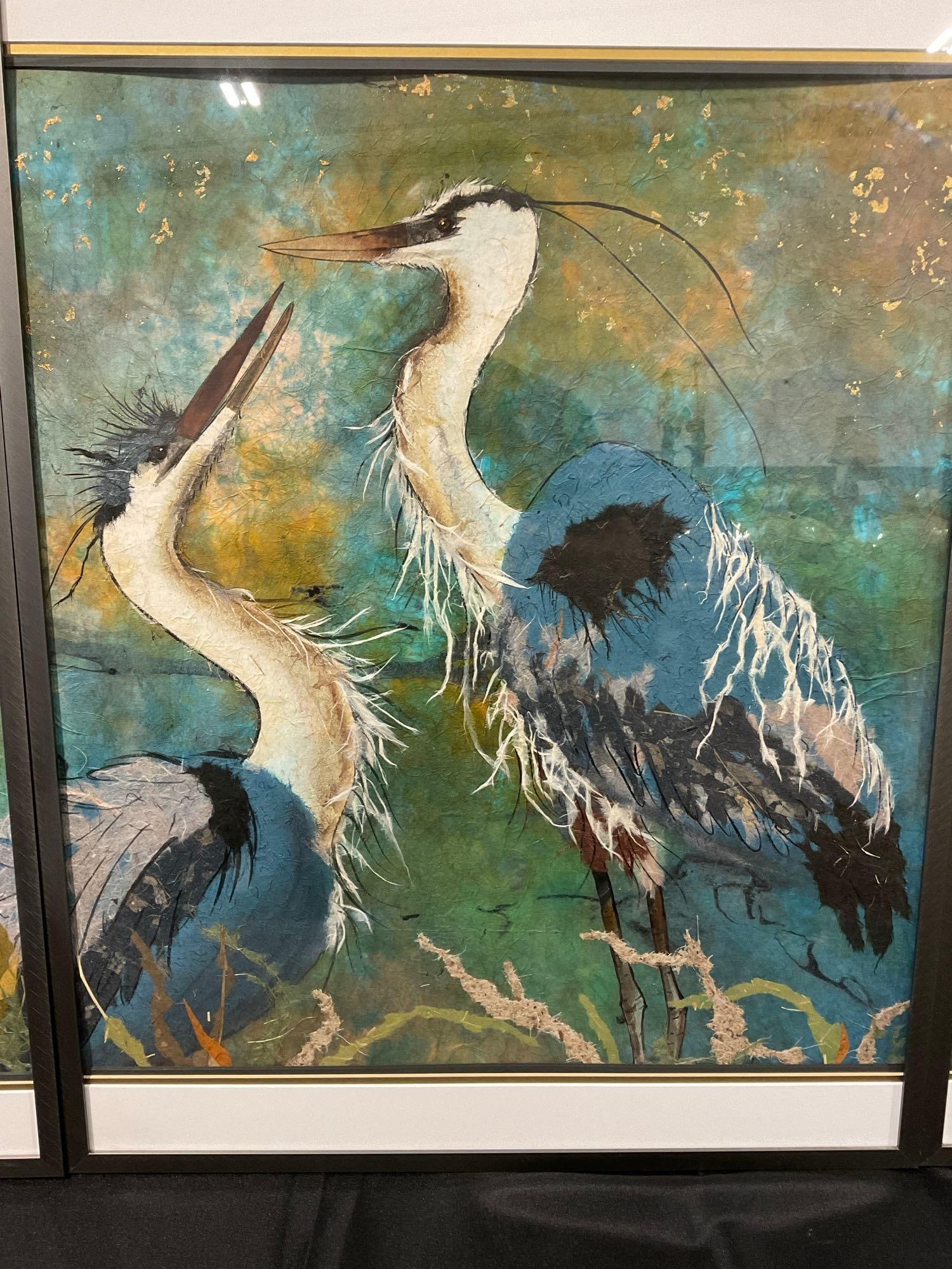Framed Triptych Green & Blue w/Herons, 3 pcs, title Babysitting by Patrice Bruzas 50 in wide - 3