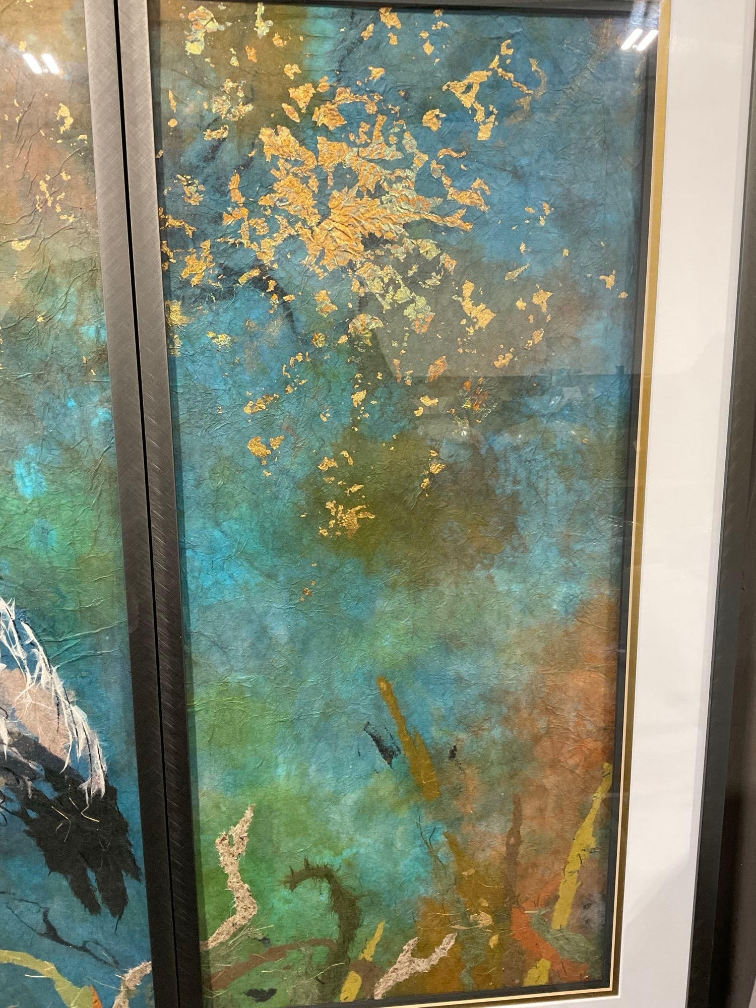 Framed Triptych Green & Blue w/Herons, 3 pcs, title Babysitting by Patrice Bruzas 50 in wide - 4