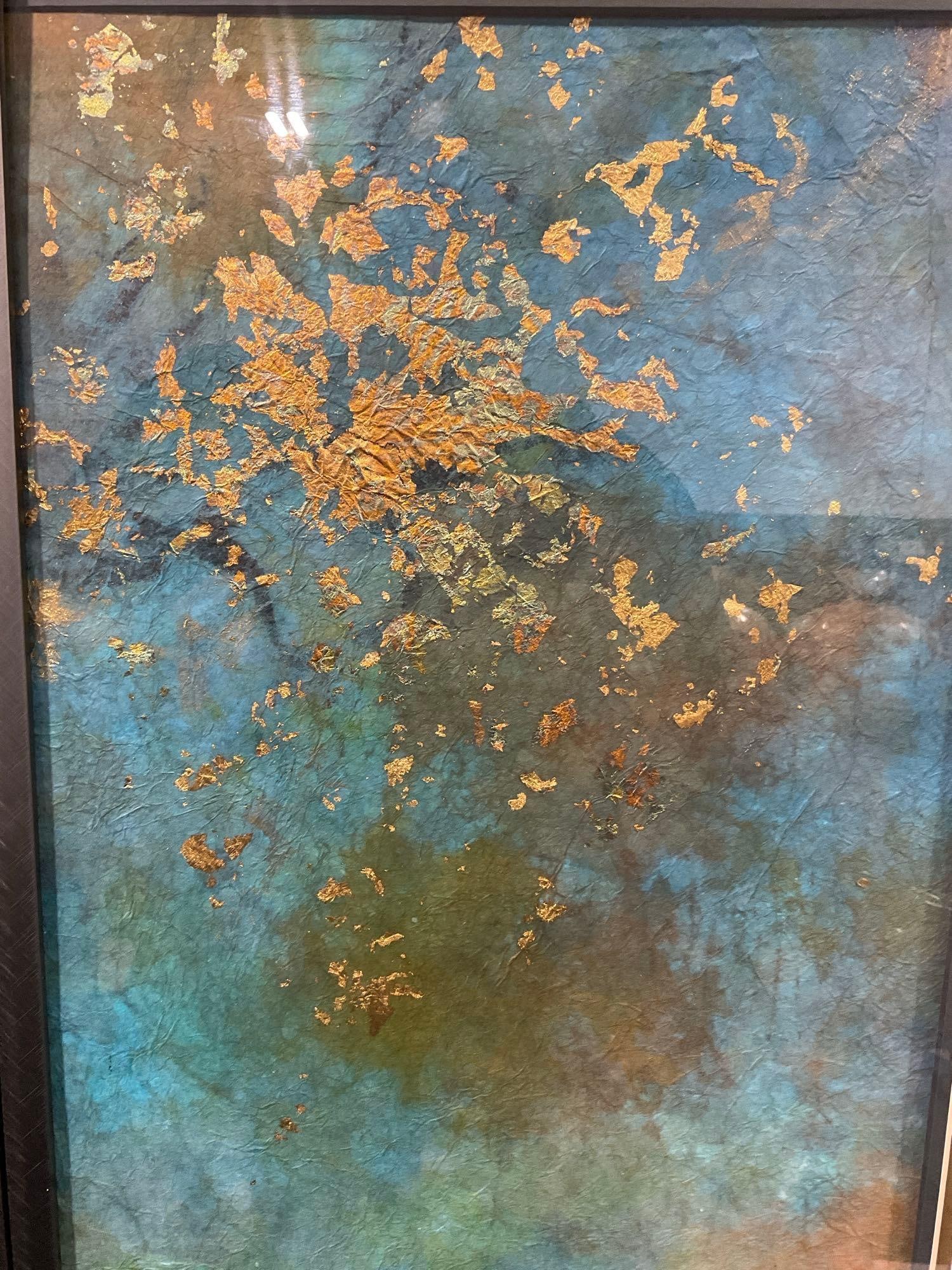 Framed Triptych Green & Blue w/Herons, 3 pcs, title Babysitting by Patrice Bruzas 50 in wide - 5