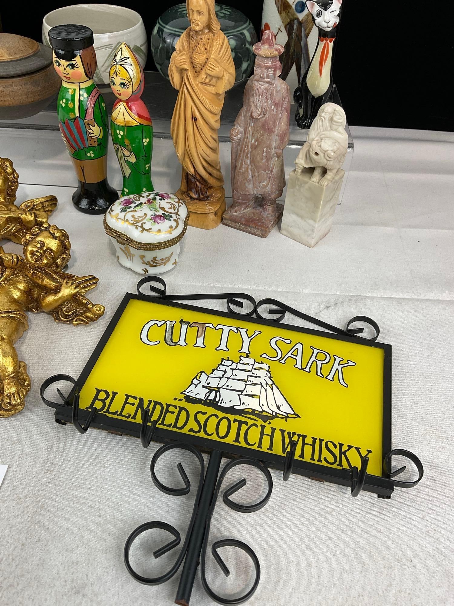 Cutty Sark Key Holder, Cherub Figures, Celadon vase, Wooden Figures, & Carved Stone Chinese Chop - 3