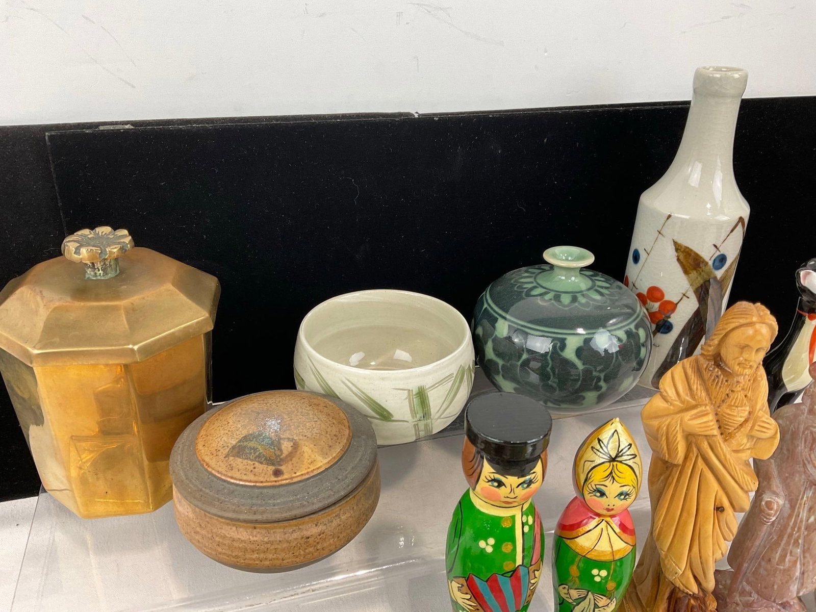 Cutty Sark Key Holder, Cherub Figures, Celadon vase, Wooden Figures, & Carved Stone Chinese Chop - 4