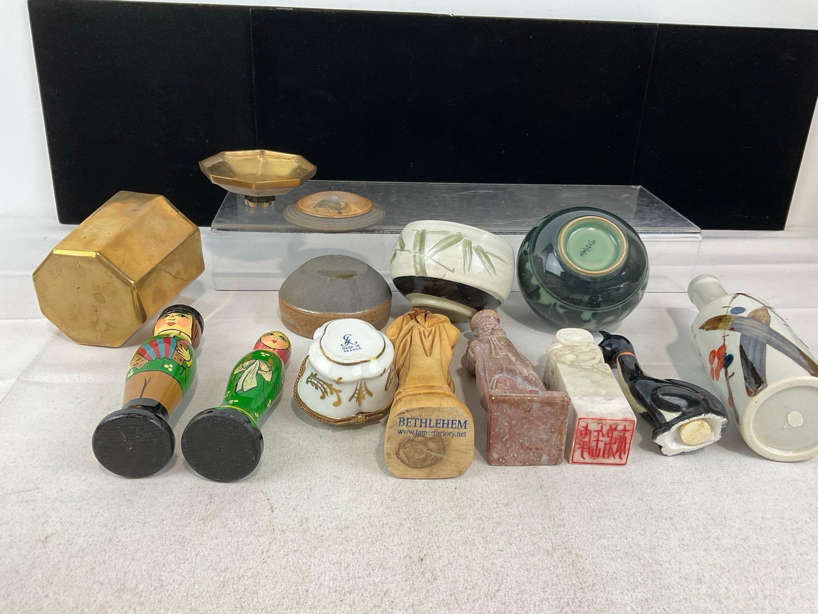 Cutty Sark Key Holder, Cherub Figures, Celadon vase, Wooden Figures, & Carved Stone Chinese Chop - 5