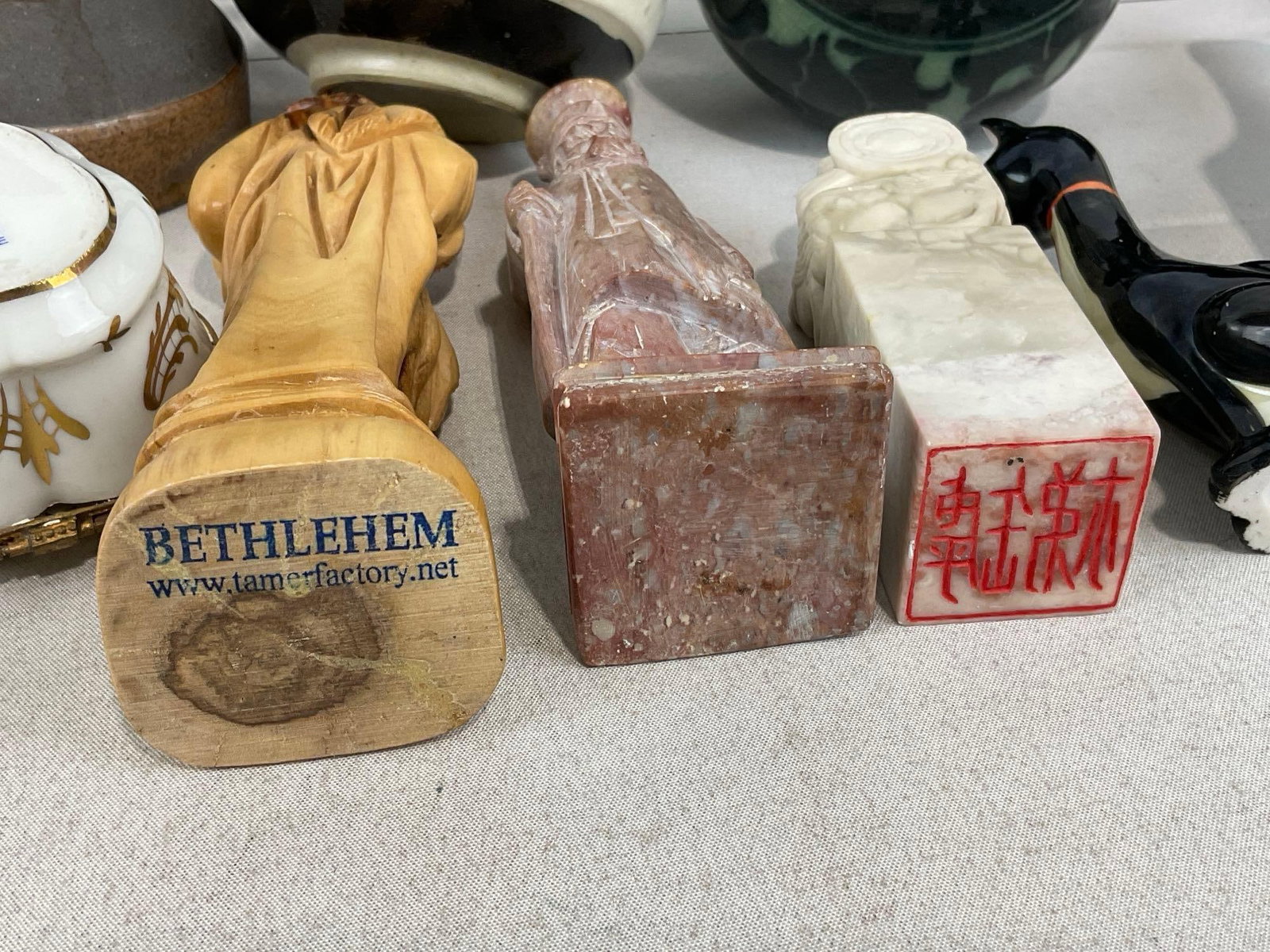 Cutty Sark Key Holder, Cherub Figures, Celadon vase, Wooden Figures, & Carved Stone Chinese Chop - 6