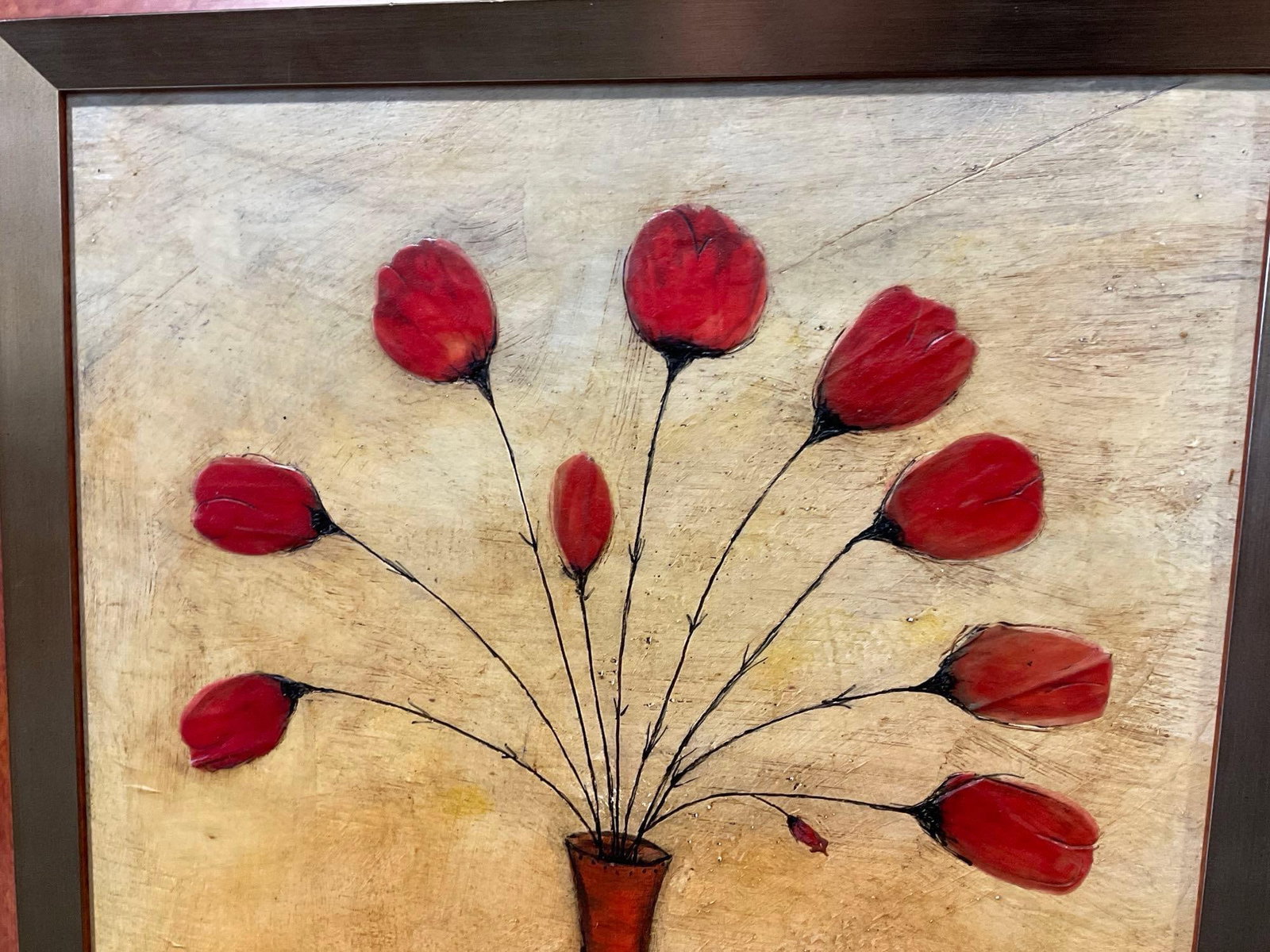 Framed Signed Original Encaustic titled Red Tulips by Zofia Hallonquist, 28x23 inches - 2