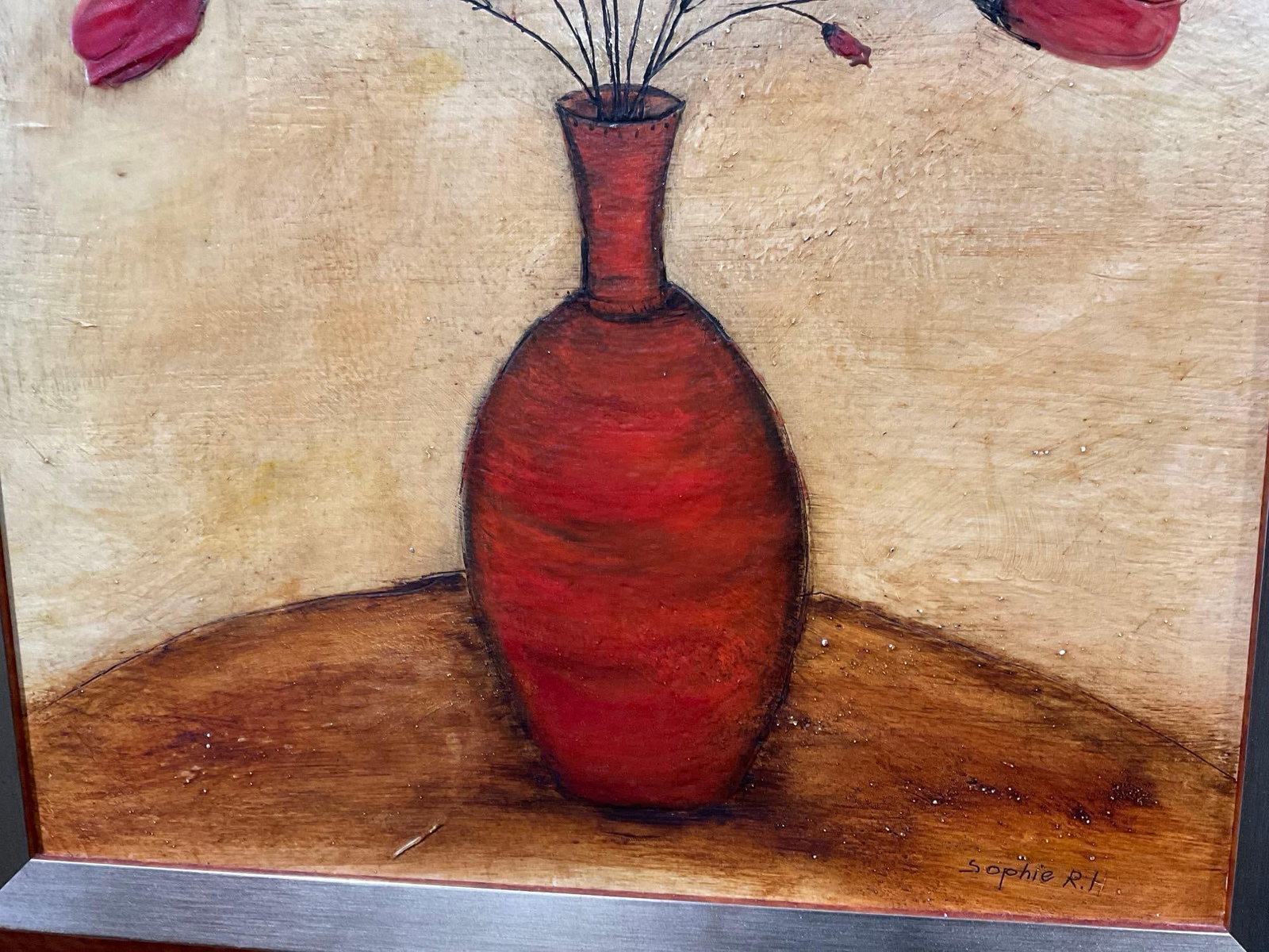 Framed Signed Original Encaustic titled Red Tulips by Zofia Hallonquist, 28x23 inches - 3