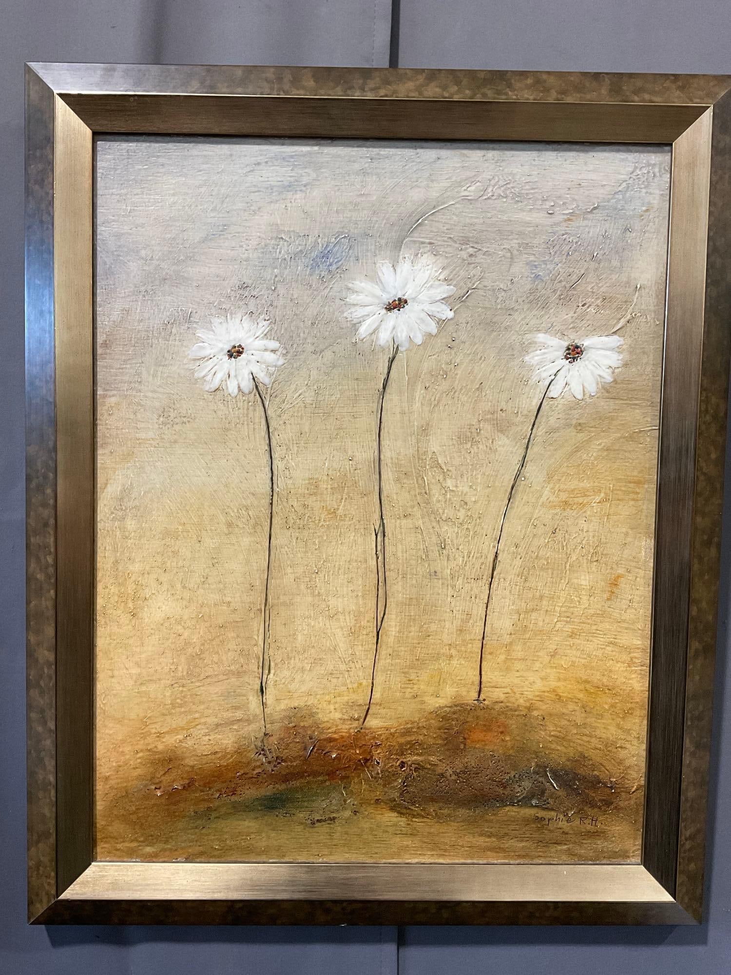 Framed Signed Original Encaustic titled Daisies by Zofia Hallonquist, 28x23 inches: Similar to lot #212, same artist and painting method. Appears to be in good shape. The piece measures approx 28h x 23w x 3d inches. See pics. E-6080