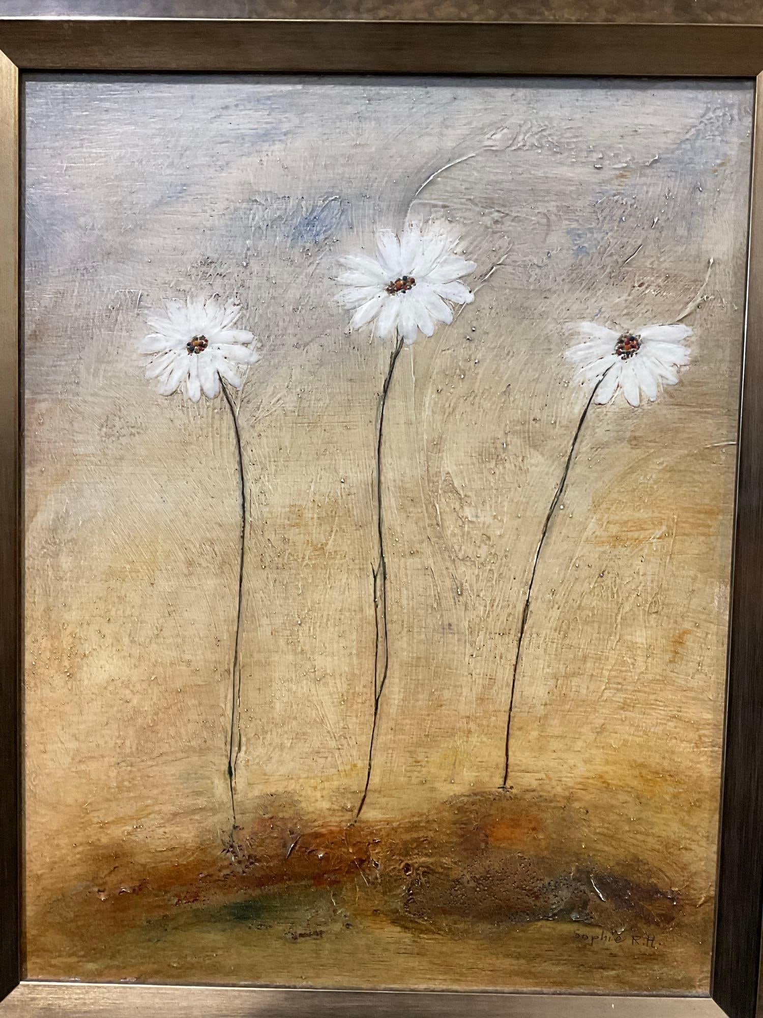 Framed Signed Original Encaustic titled Daisies by Zofia Hallonquist, 28x23 inches - 2