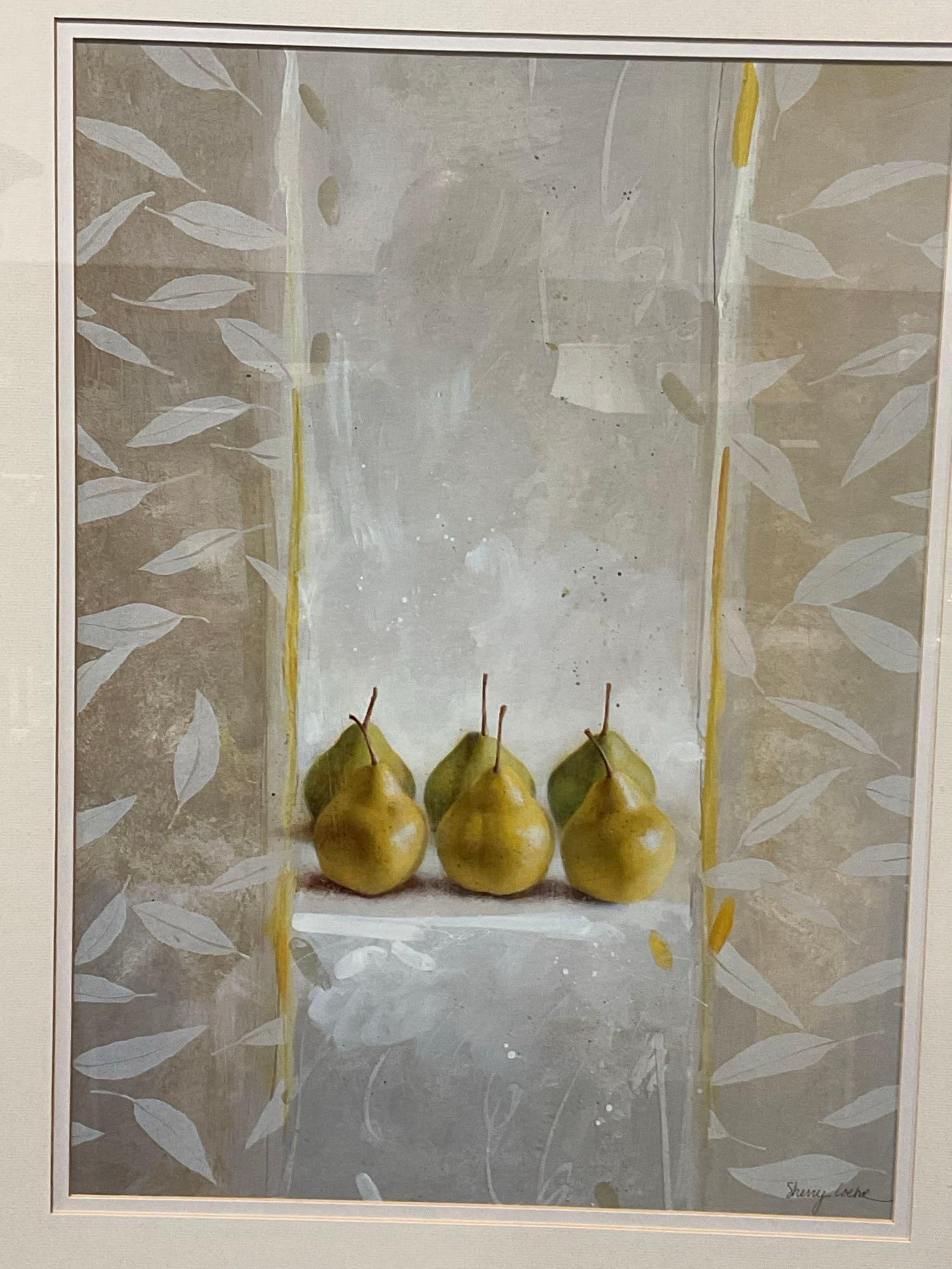 Framed Lithograph titled Leaves & Pears by Sherry Loeher, 36x30 inches: Appears to be in good shape. The piece measures approx 36h x 30w x 4d inches. See pics. E-6080 *Oversized shipping may apply*