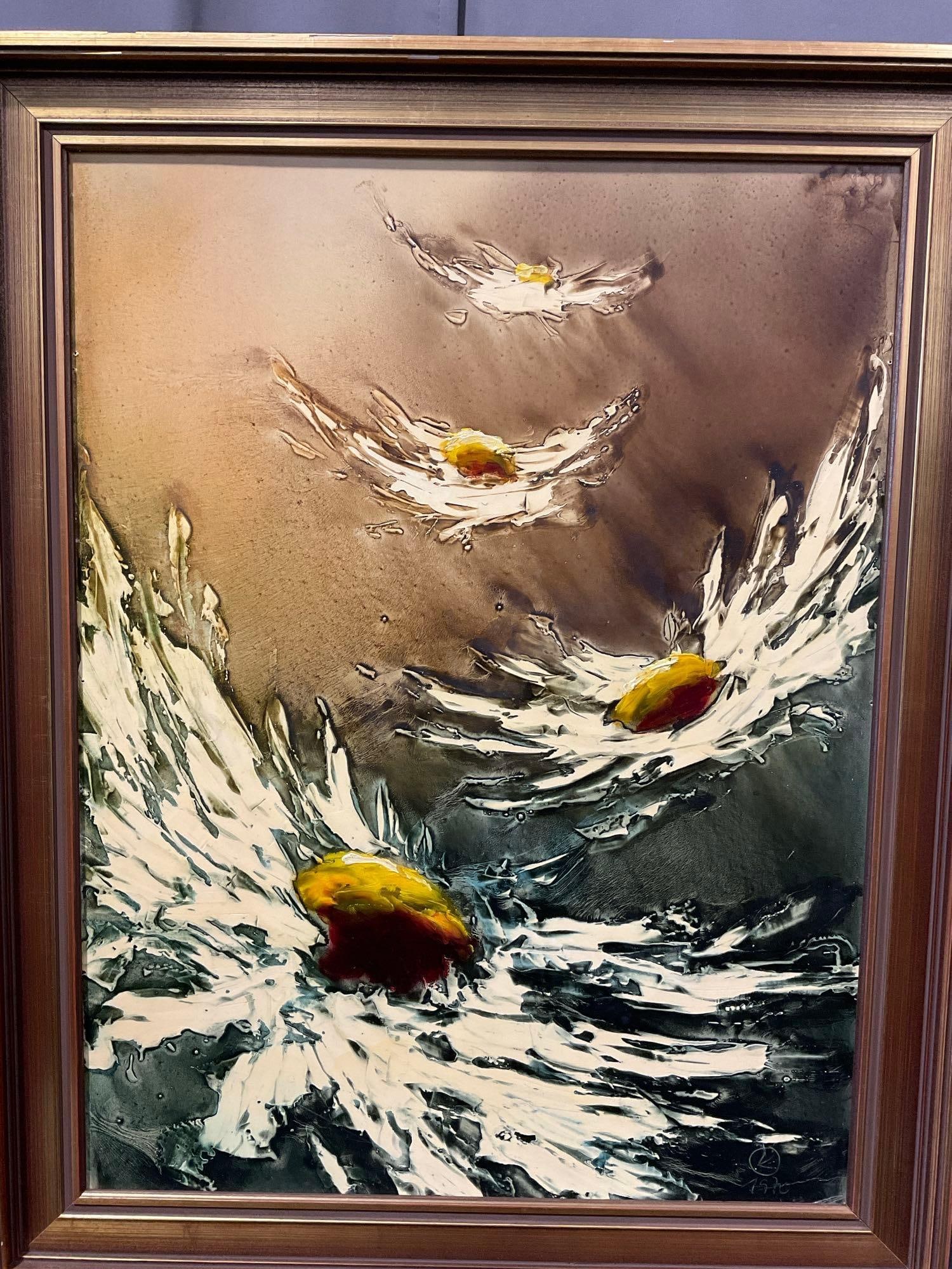 Framed 1970 Original Signed Abstract Daisies Floral piece, heavy paint, 37x29 inches: Appears to be in good shape. The piece measures approx 37h x 29d x 3d inches. See pics. E-6080 *Oversized shipping may apply*